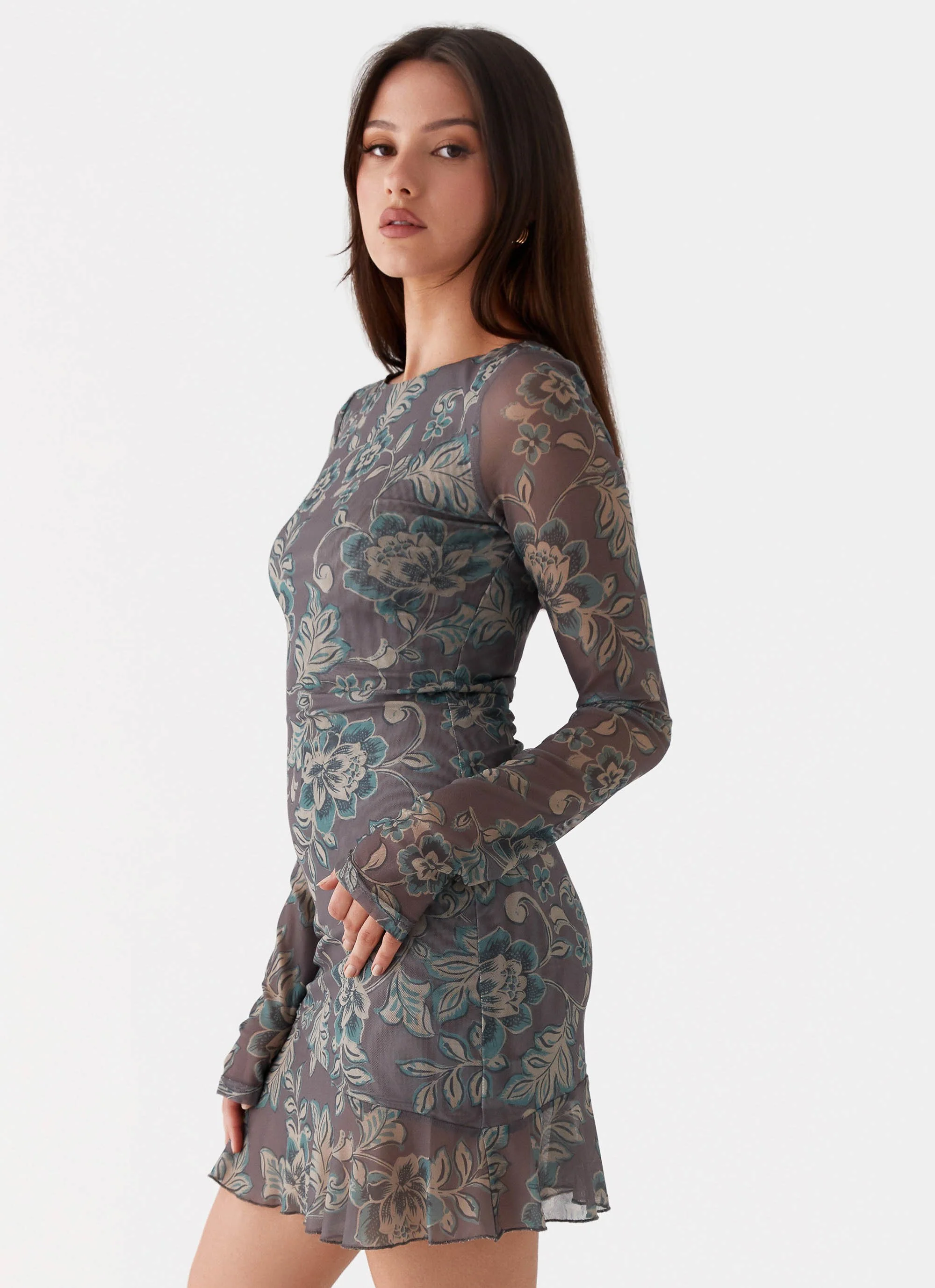 Ines Long Sleeve Mini Dress - Brown Floral - Image 3