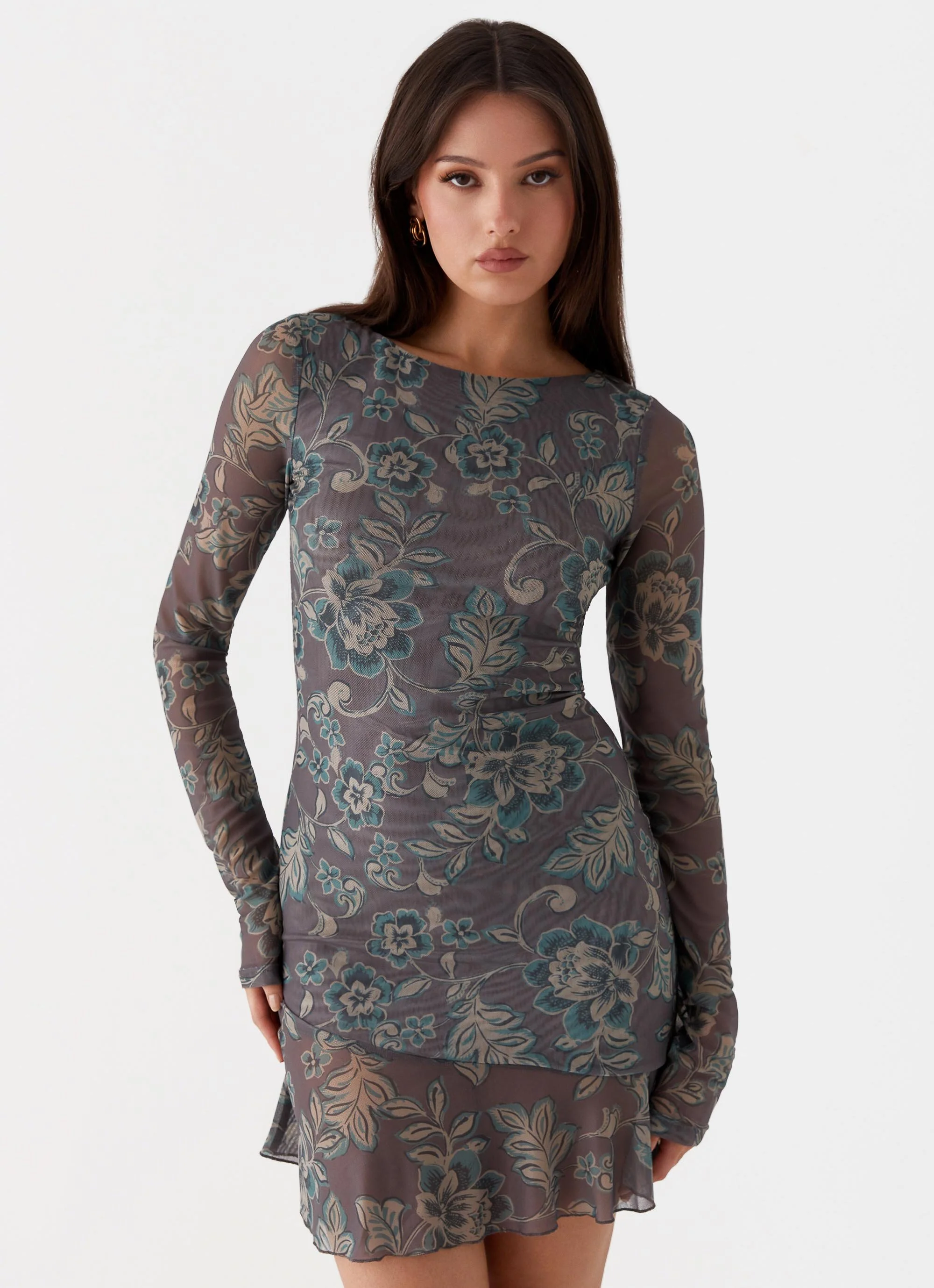 Ines Long Sleeve Mini Dress - Brown Floral - Image 5
