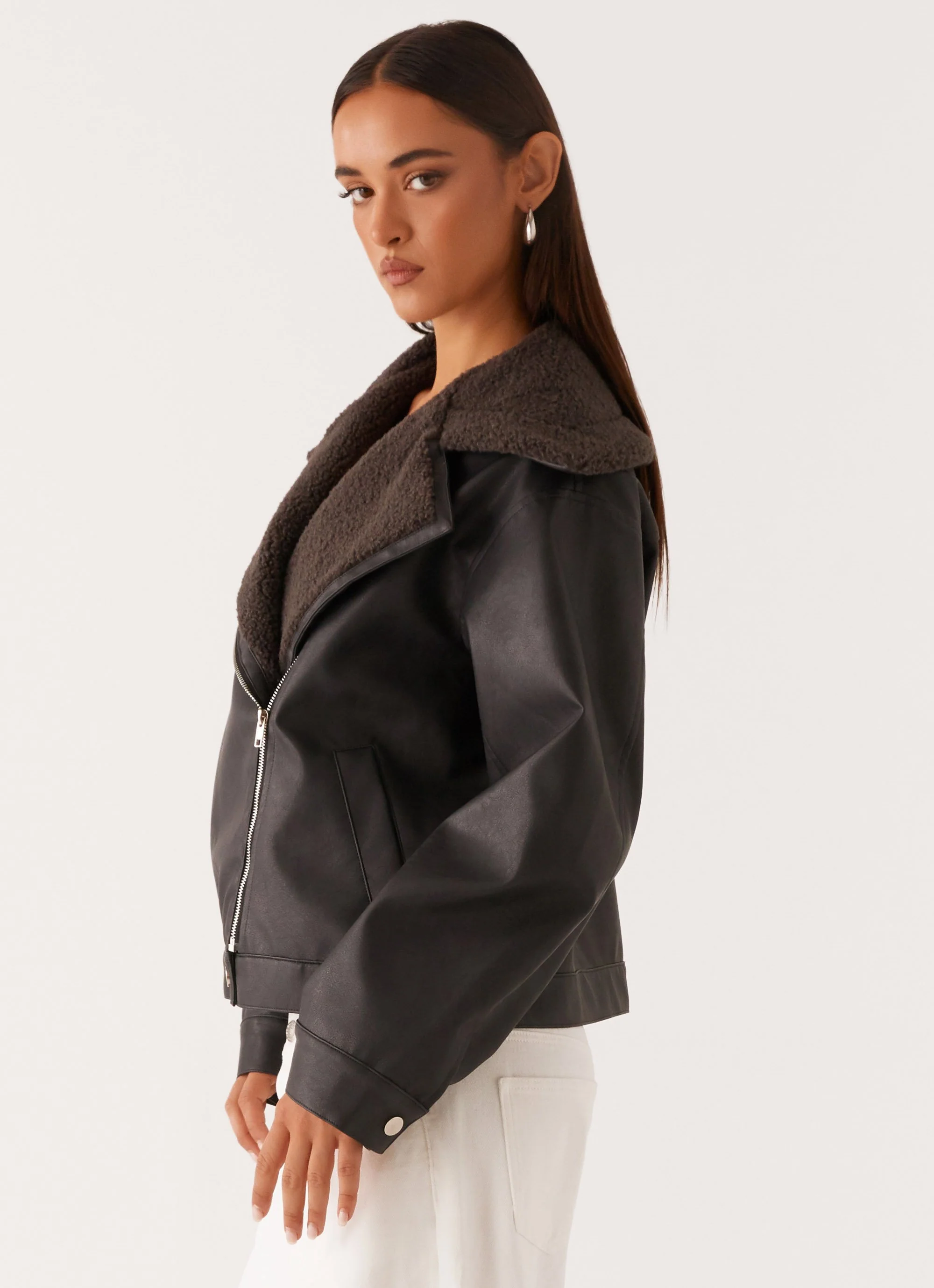 Inka PU Leather Shearling Jacket - Charcoal - Image 3