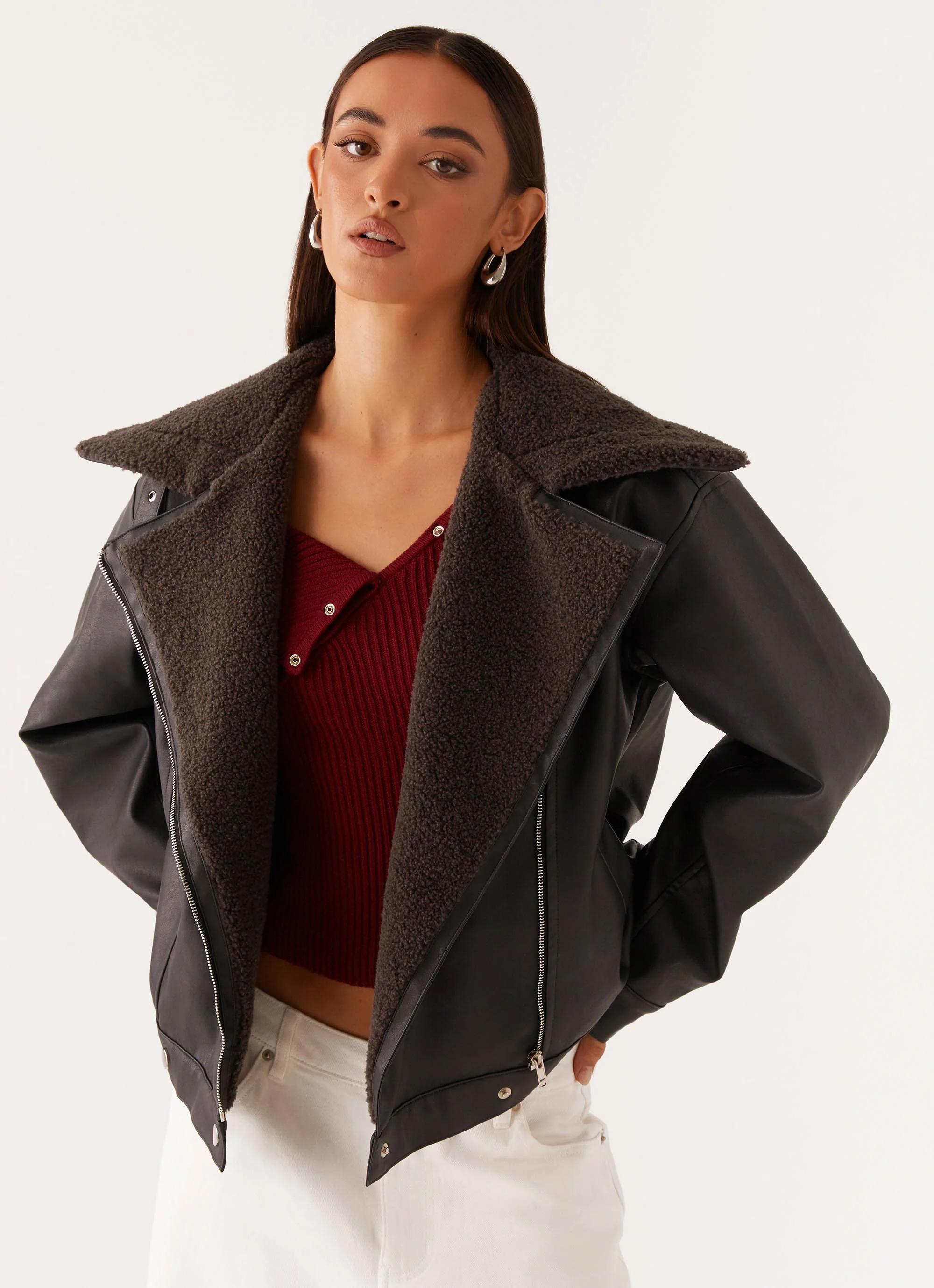 Inka PU Leather Shearling Jacket - Charcoal - Image 6