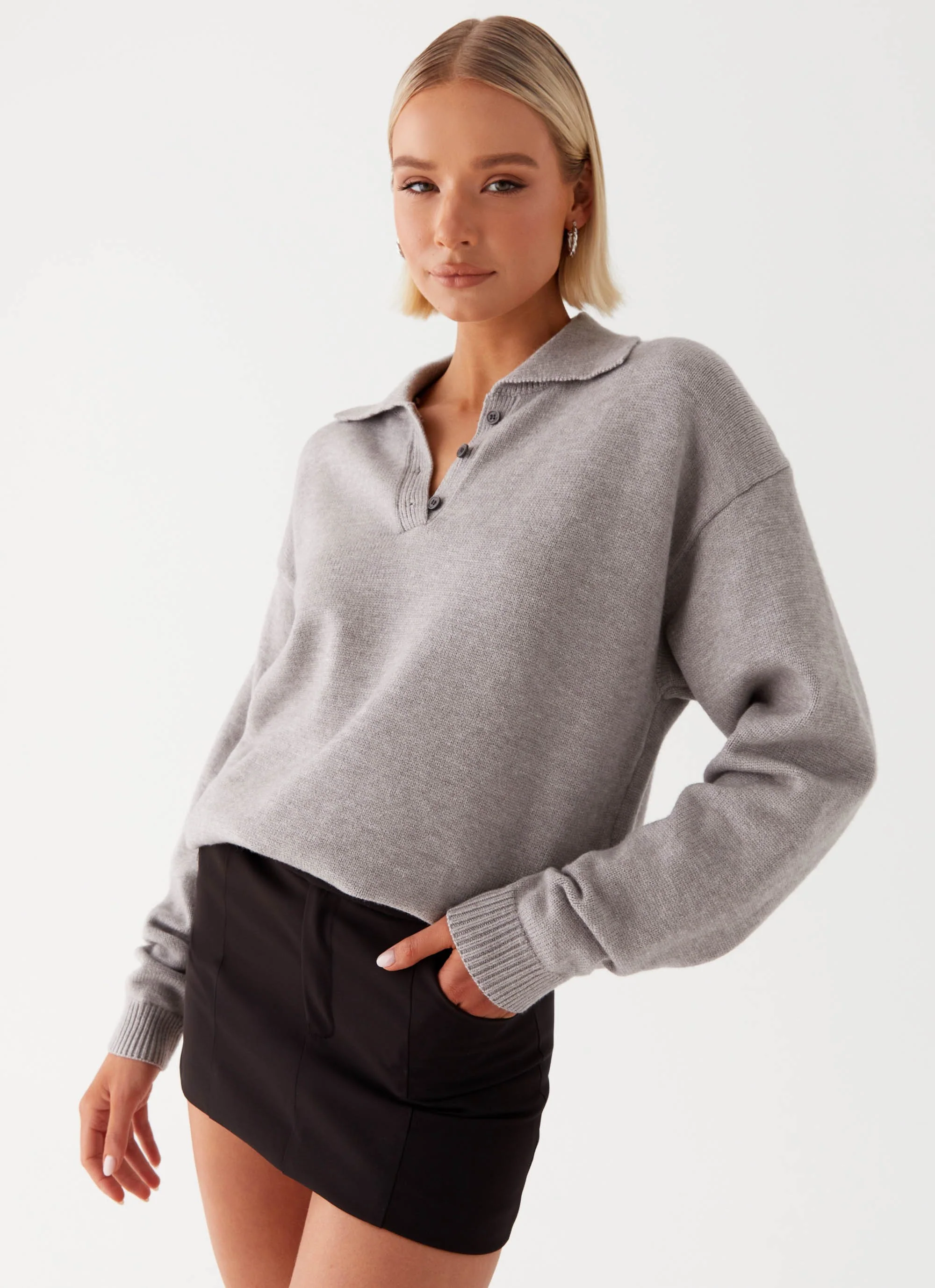 Jaden Knit Polo Top - Grey Marl - Image 5