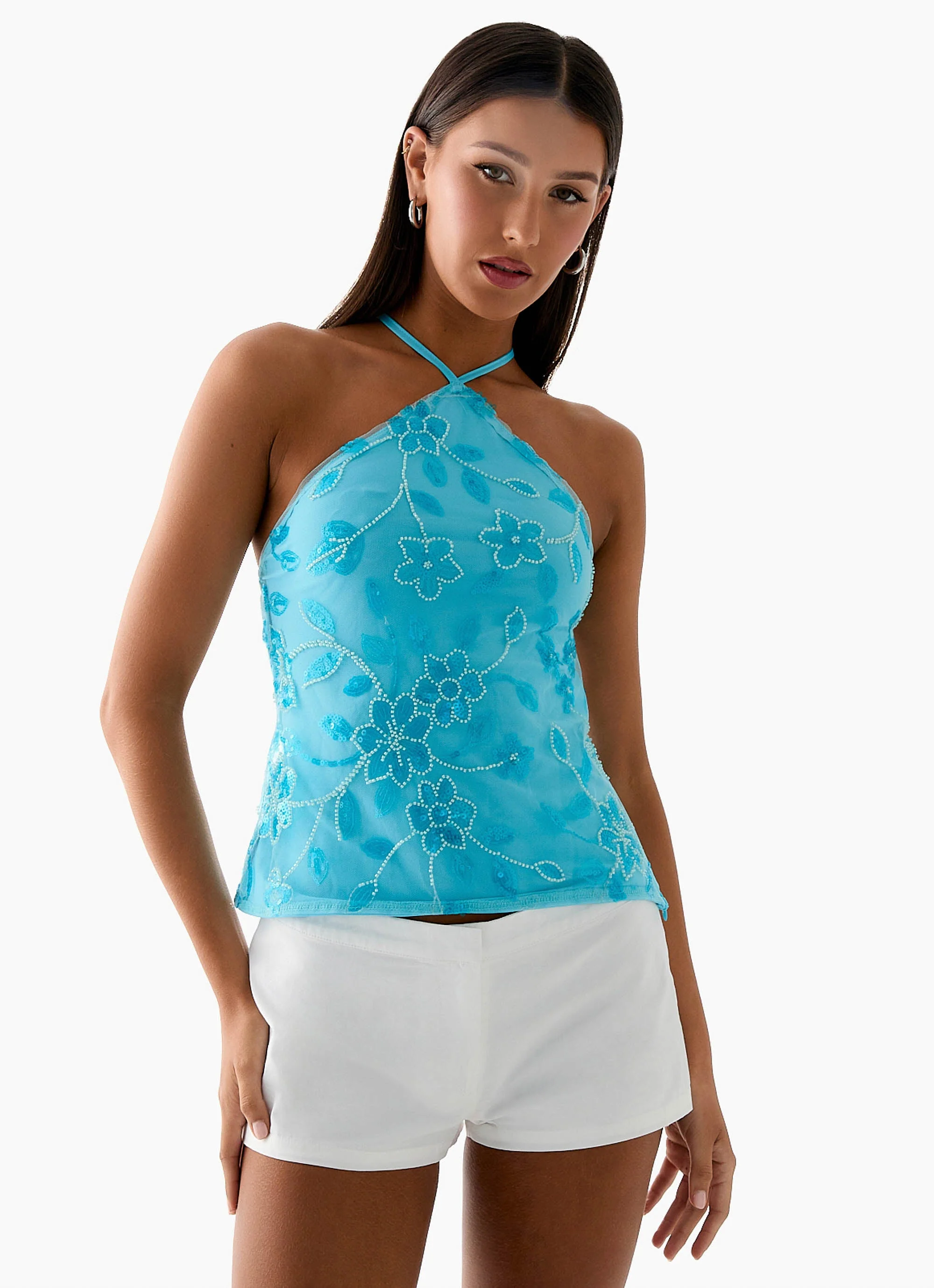 Janelle Beaded Halter Top - Blue - Image 6