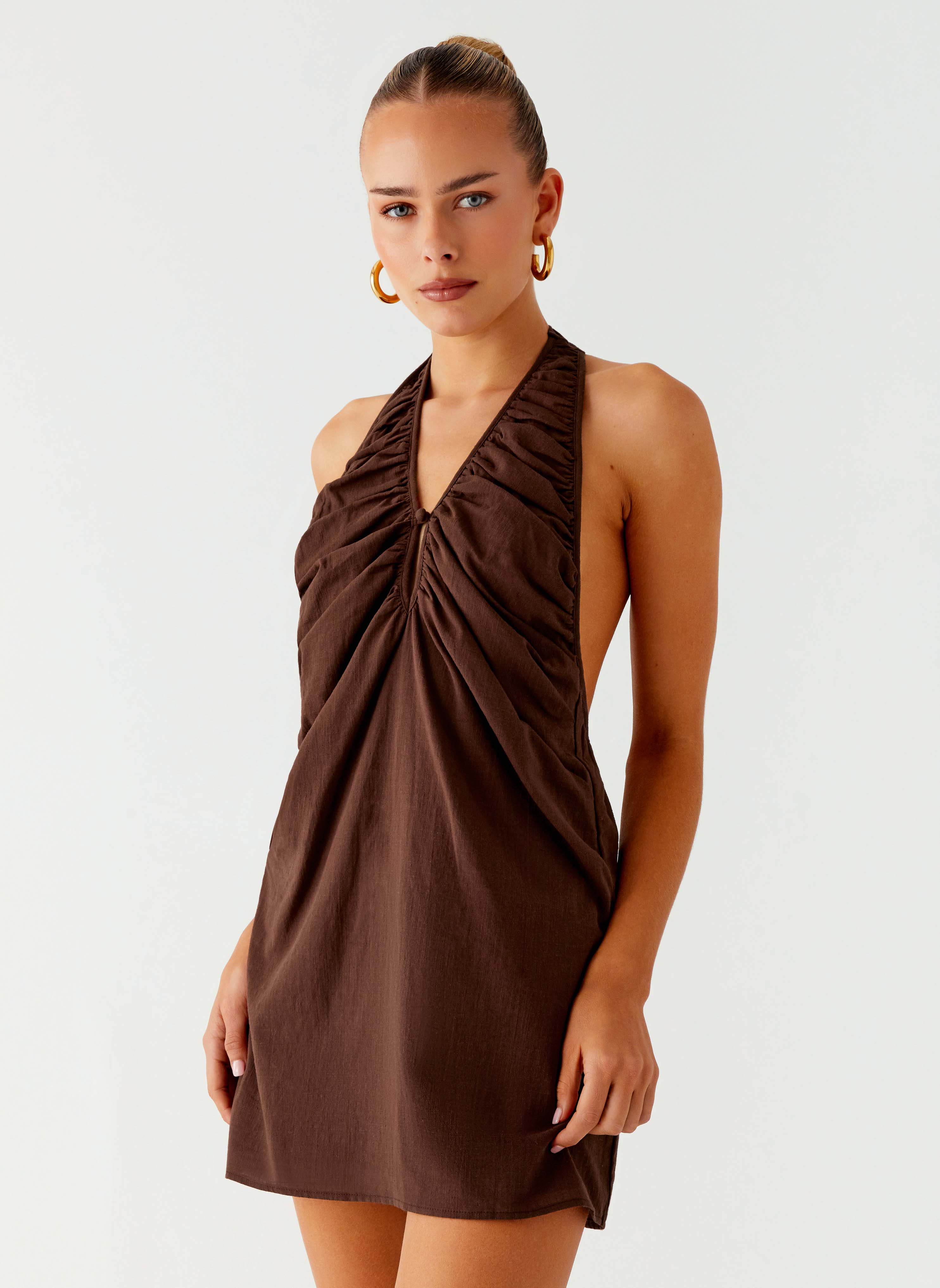 Jepsen Cotton Halter Mini Dress - Chocolate - Image 5