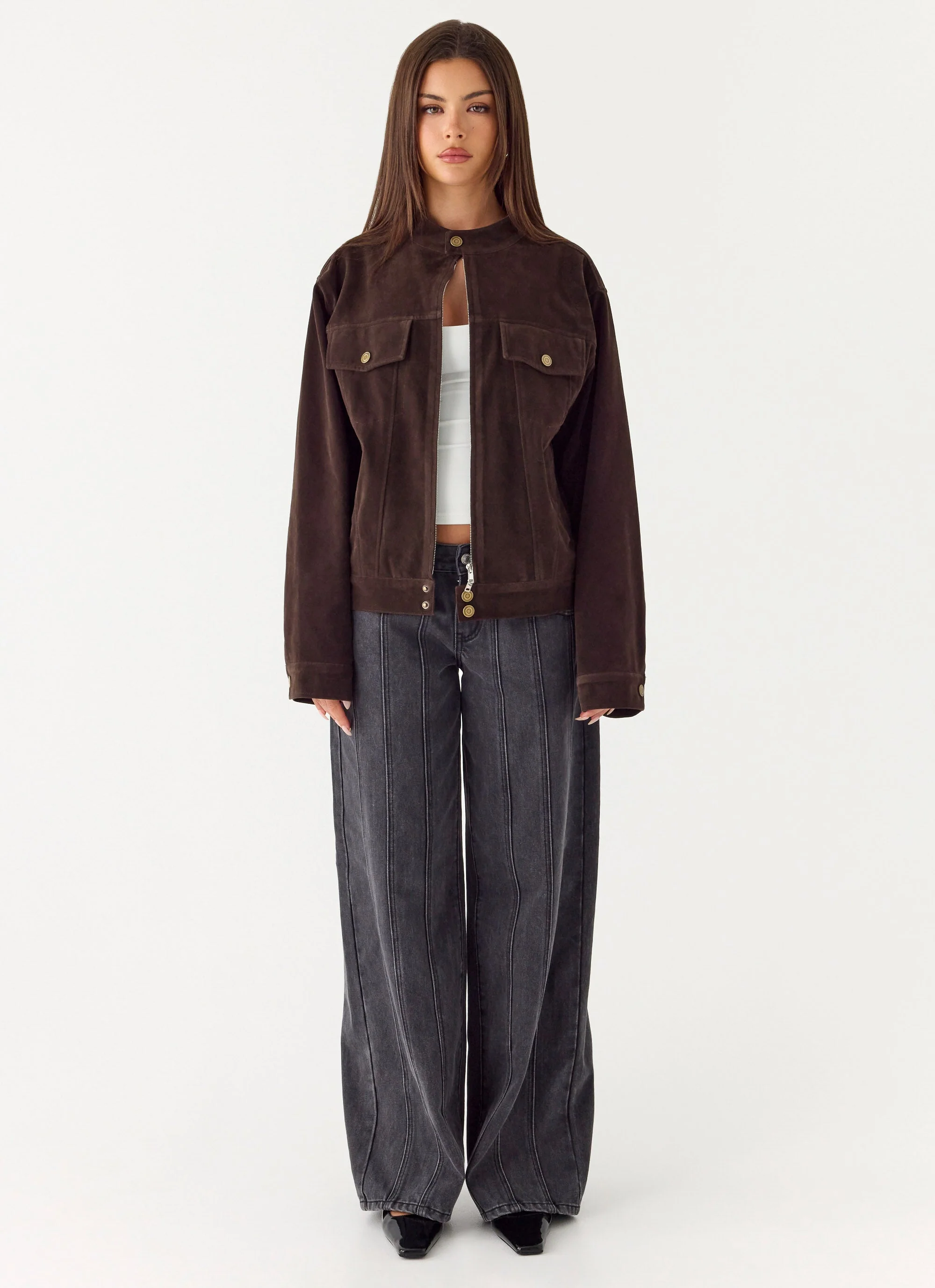 Jeremy Faux Suede Biker Jacket - Dark Chocolate - Image 3
