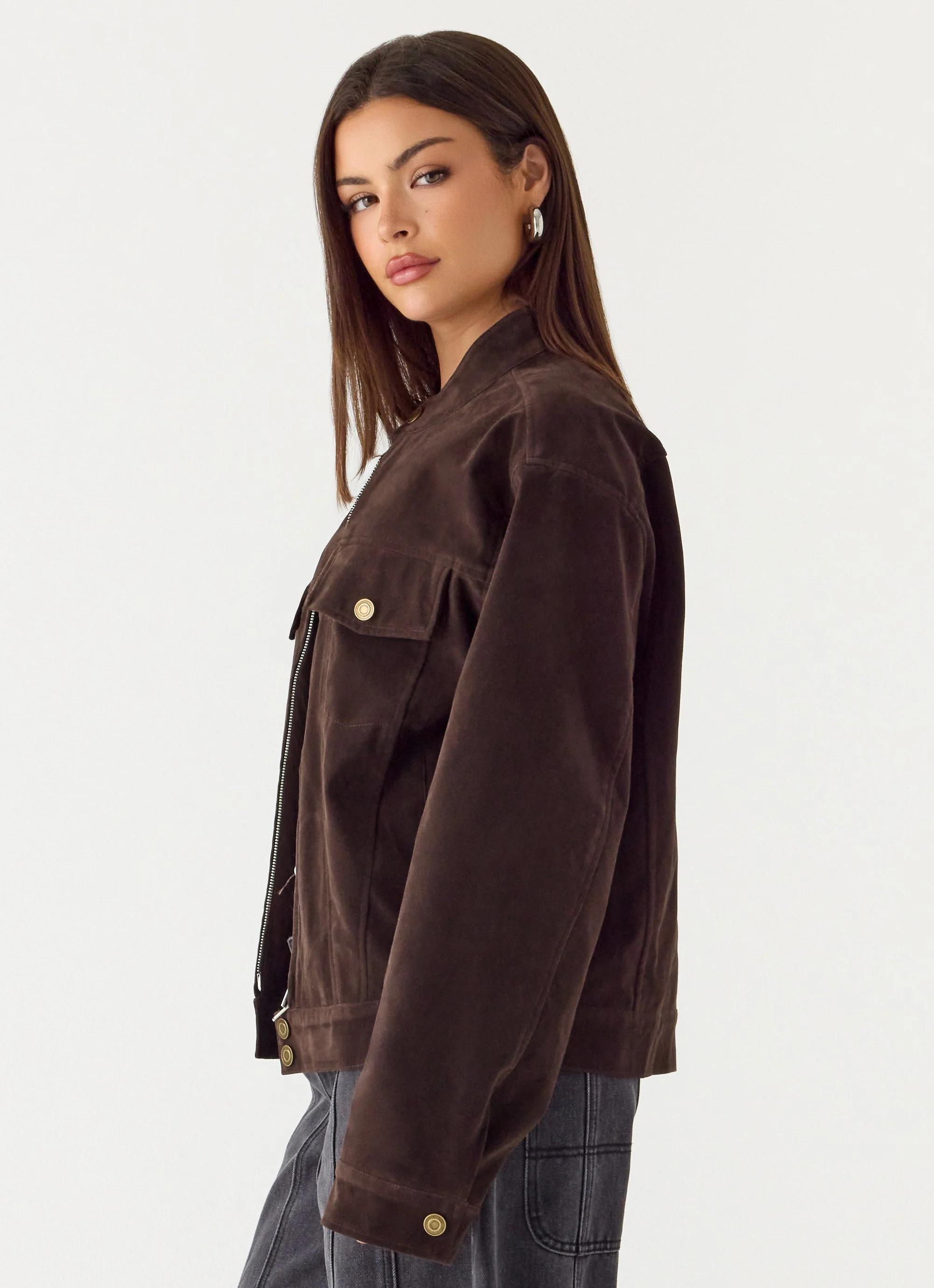 Jeremy Faux Suede Biker Jacket - Dark Chocolate - Image 4
