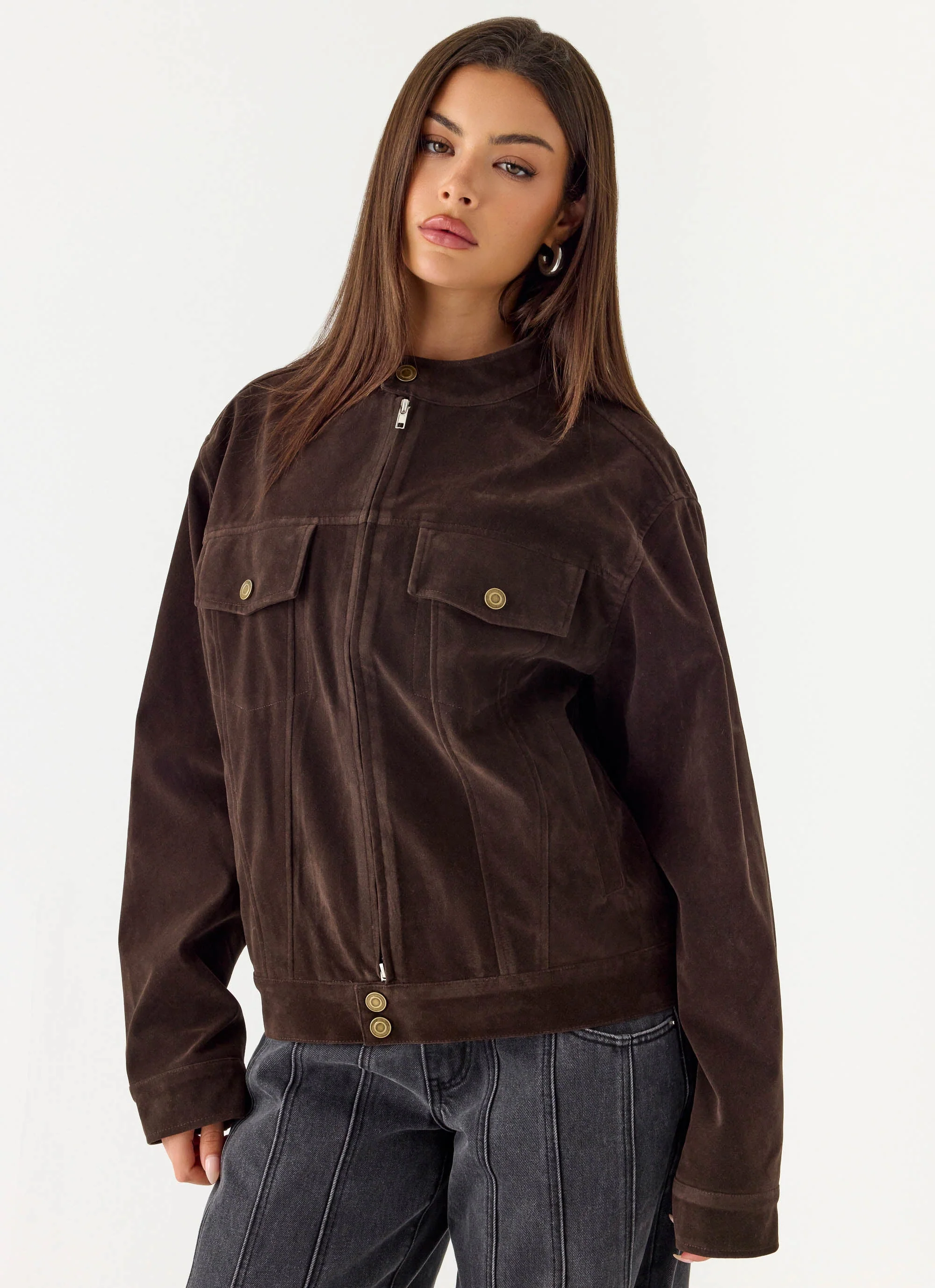 Jeremy Faux Suede Biker Jacket - Dark Chocolate - Image 6