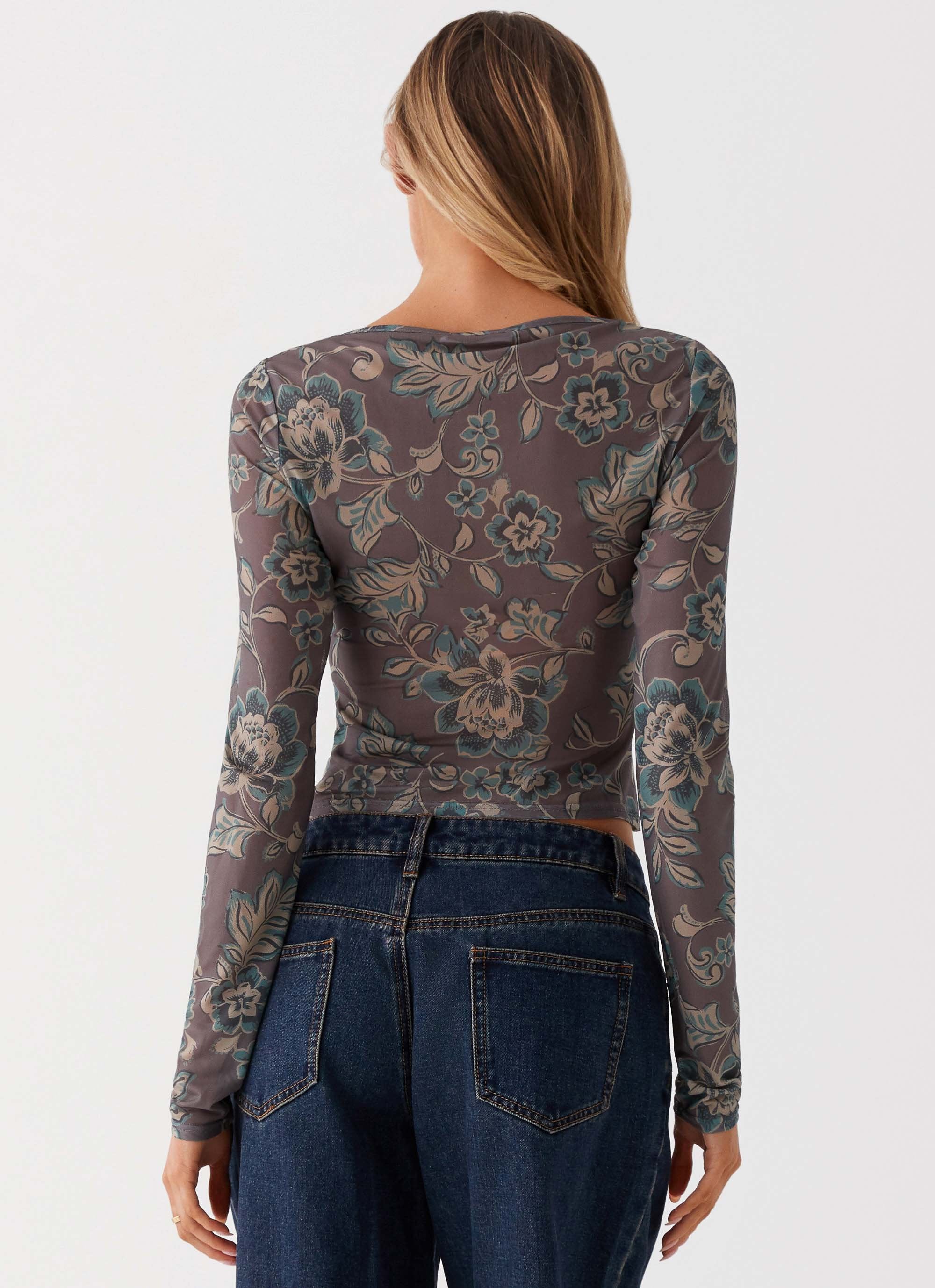 Jess Long Sleeve Mesh Top - Brown Floral - Image 6