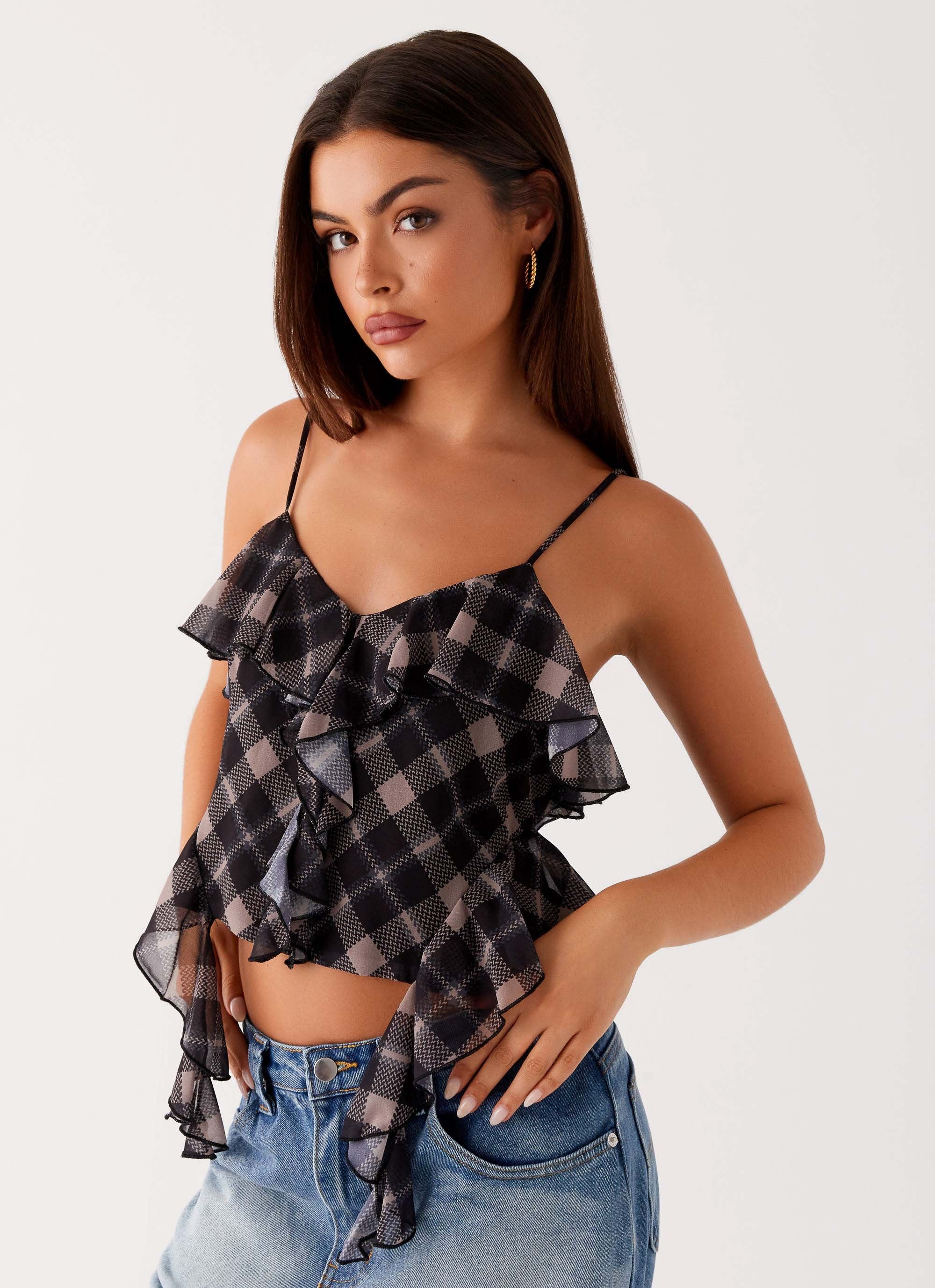 Jessie Cami Top - Taupe Check - Image 6