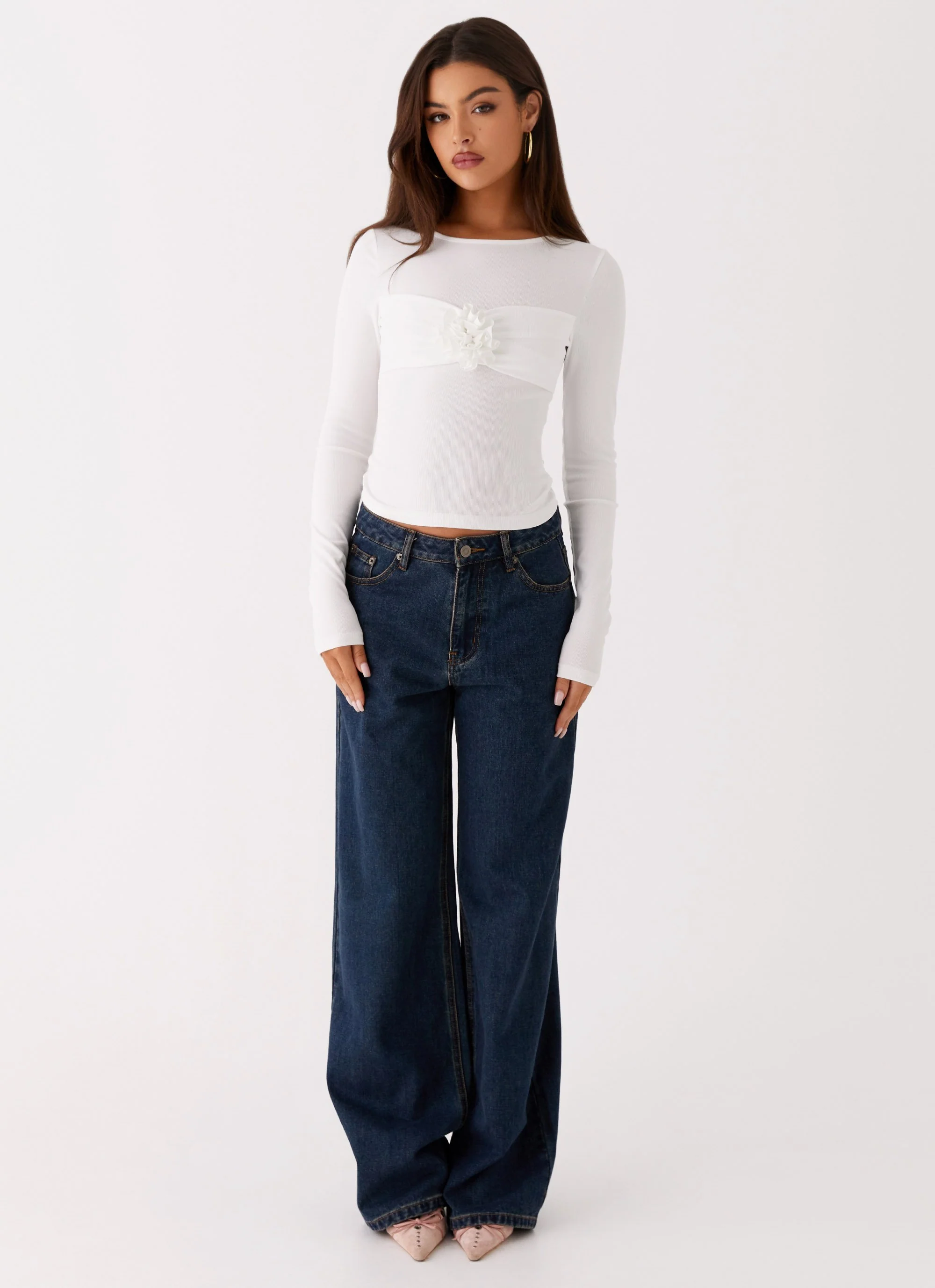 Jeyda Long Sleeve Rose Top - White - Image 2