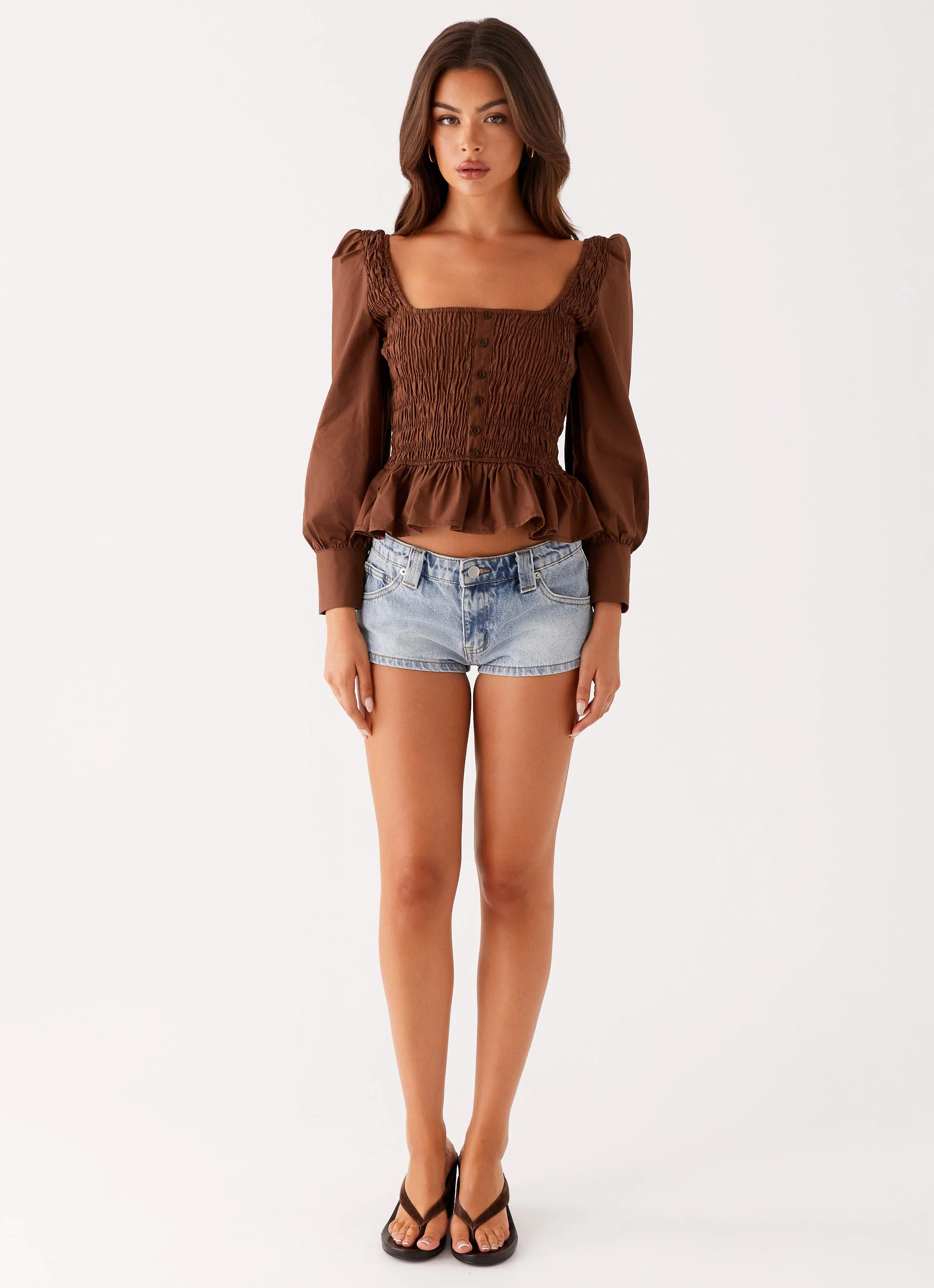Joyce Long Sleeve Cotton Shirred Top - Chocolate - Image 3