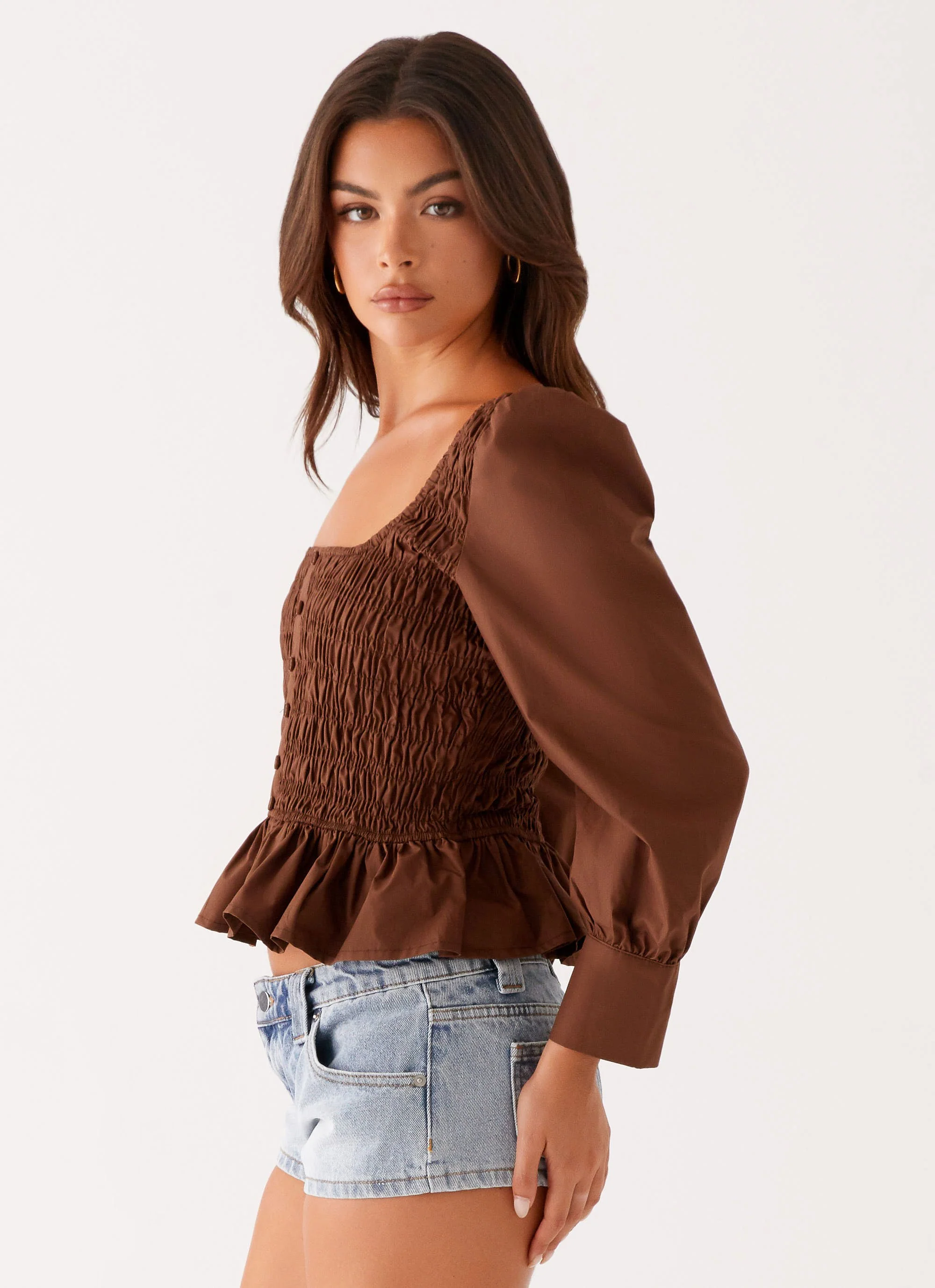 Joyce Long Sleeve Cotton Shirred Top - Chocolate - Image 4