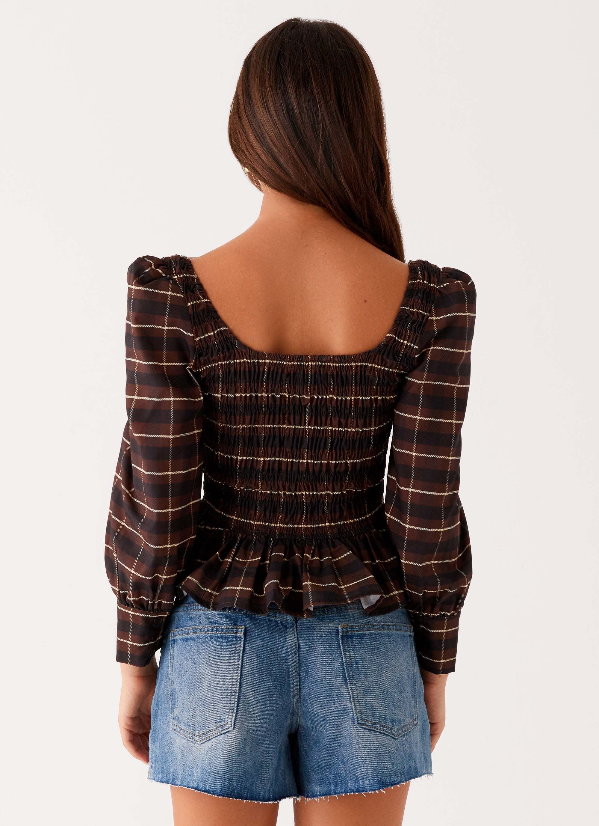 Joyce Long Sleeve Cotton Shirred Top - Chocolate Check - Image 4