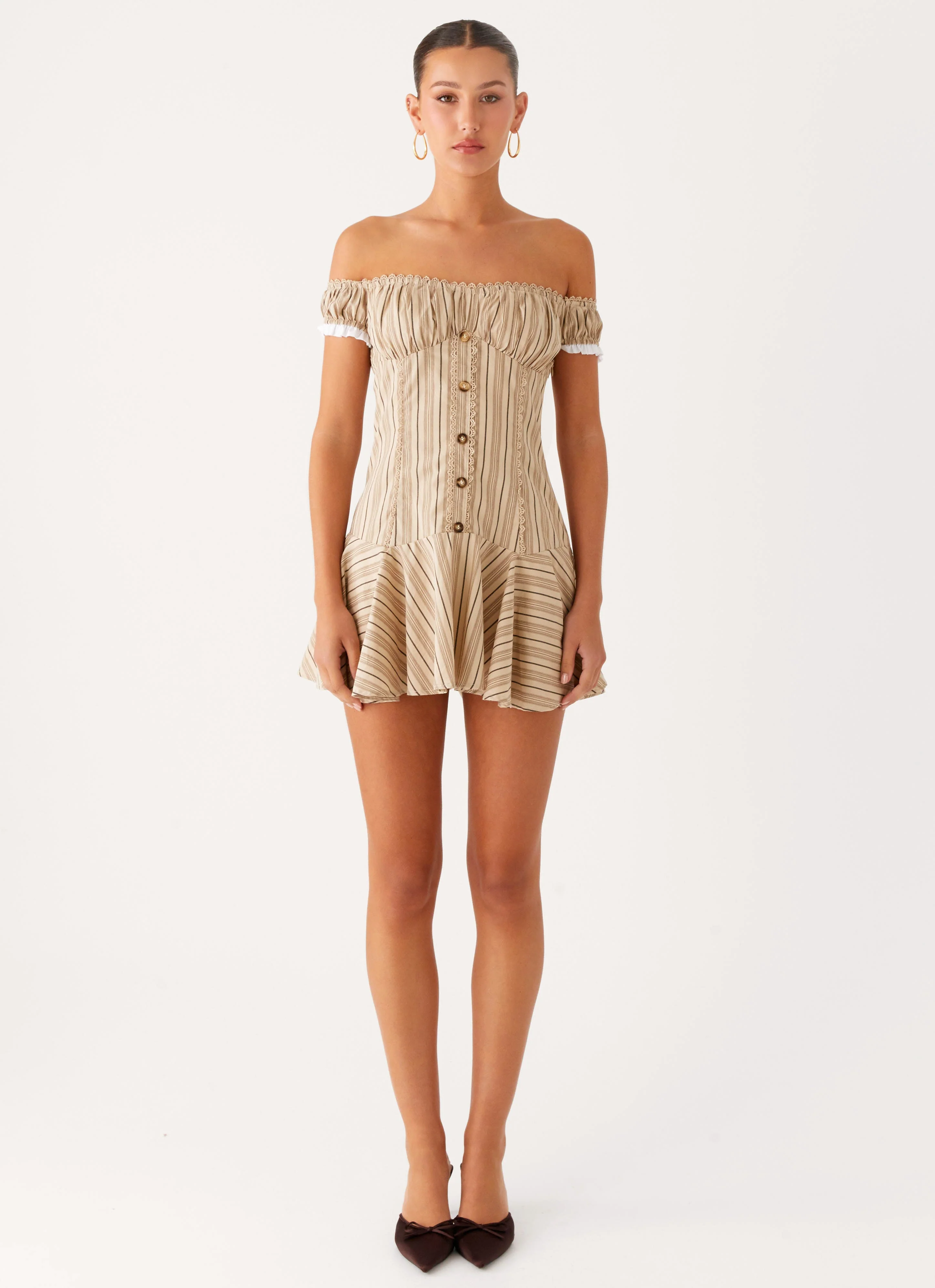 Jumana Off Shoulder Mini Dress - Off White Stripe - Image 2