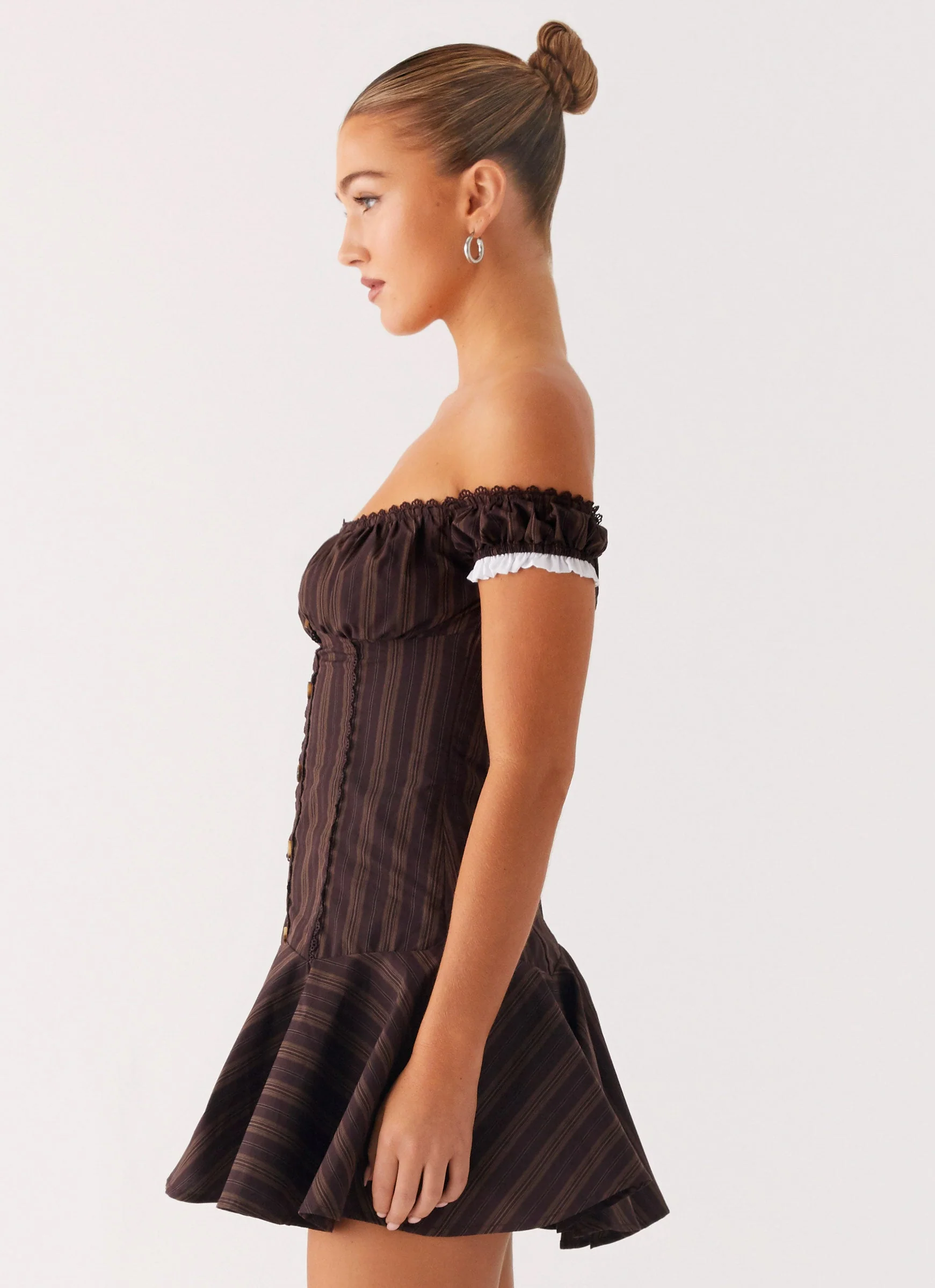 Jumana Off Shoulder Mini Dress - Toffee Stripe - Image 2
