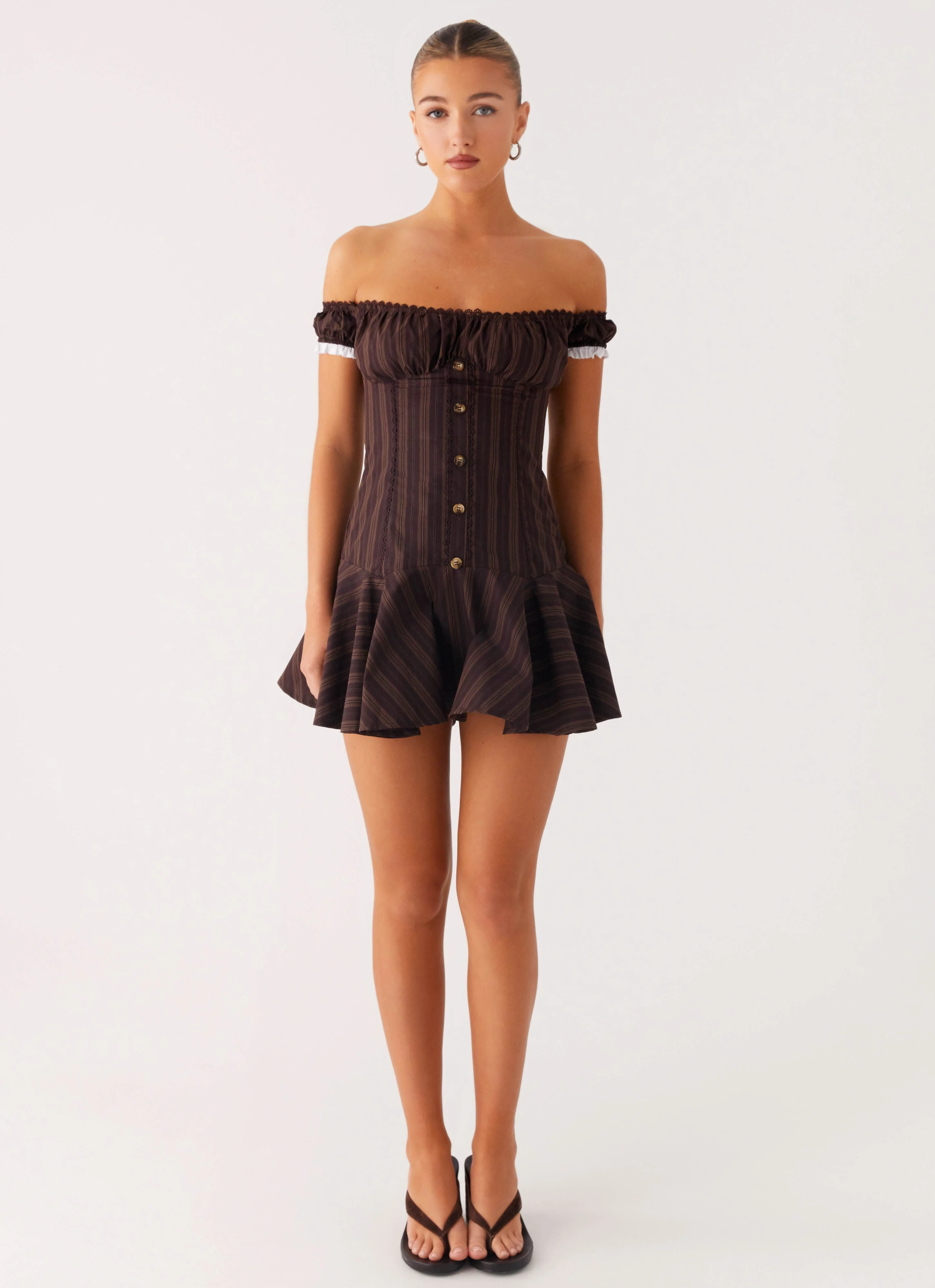 Jumana Off Shoulder Mini Dress - Toffee Stripe - Image 4