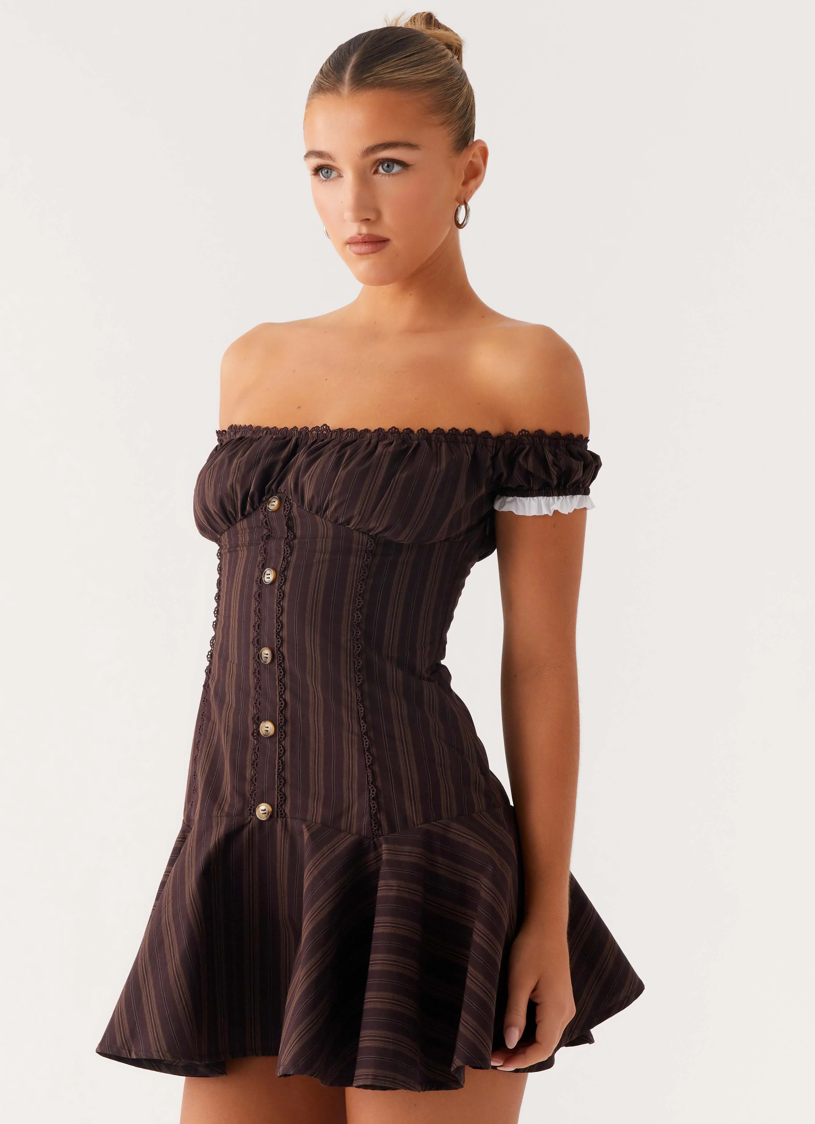 Jumana Off Shoulder Mini Dress - Toffee Stripe - Image 6