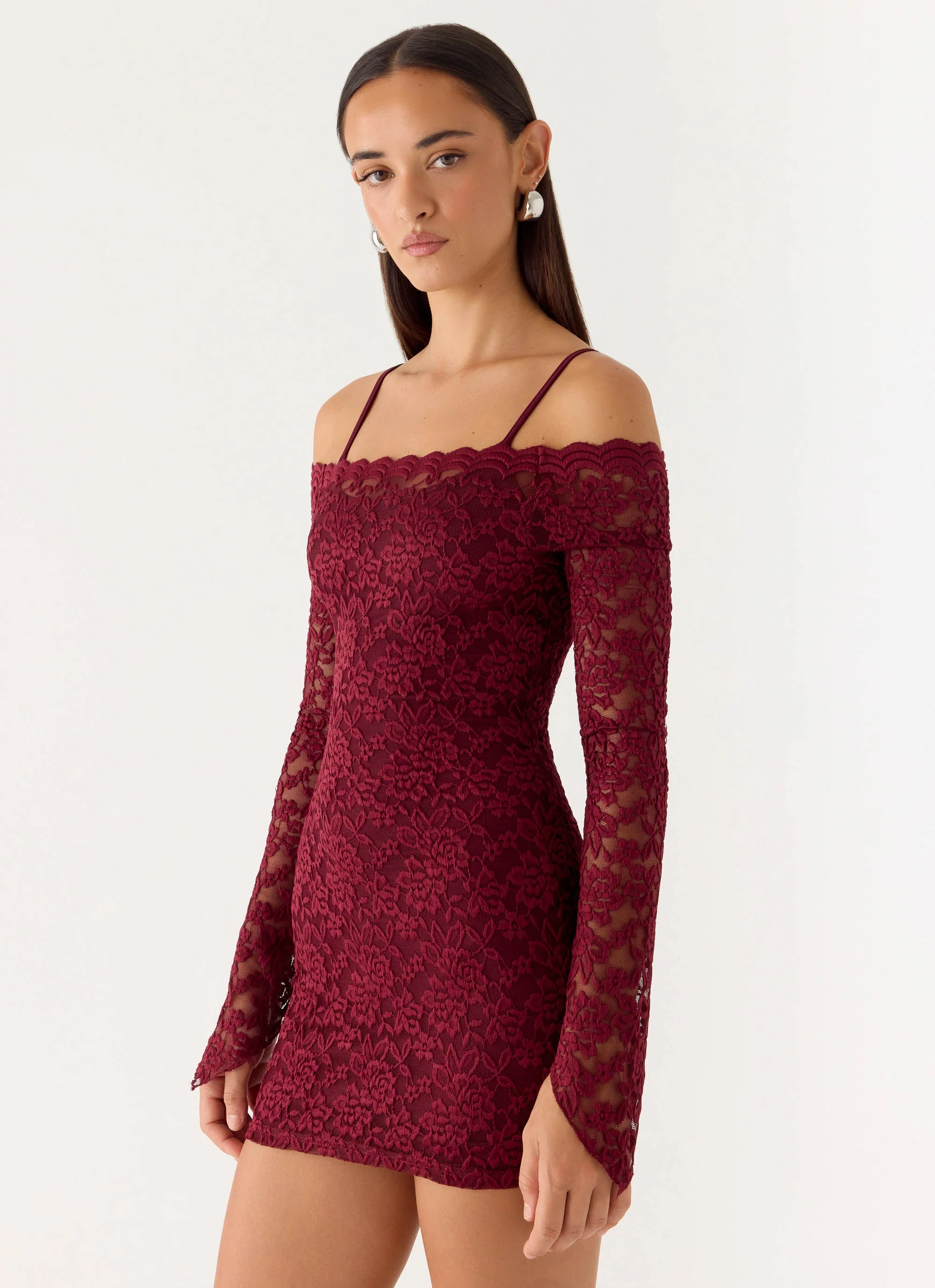Just This Once Lace Mini Dress - Merlot - Image 6