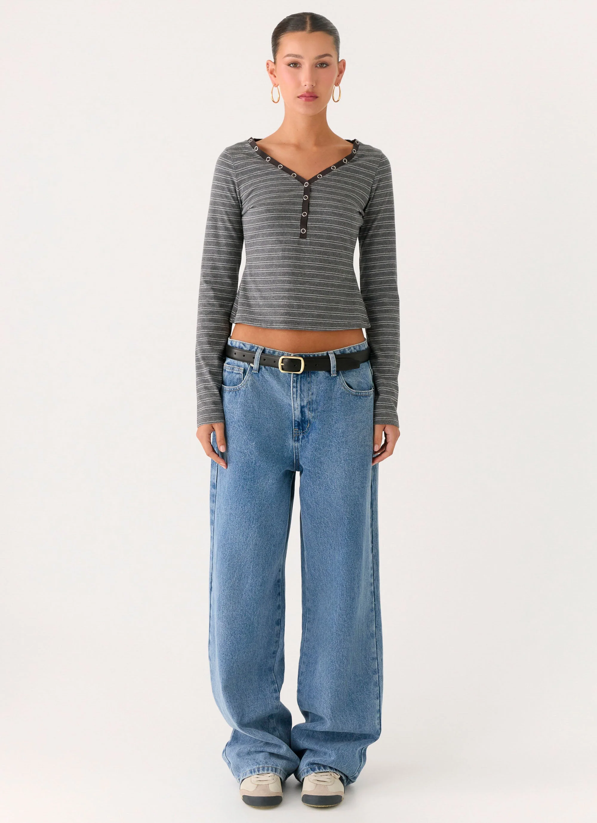 Kaytra Long Sleeve Top - Grey Marle Stripe - Image 2