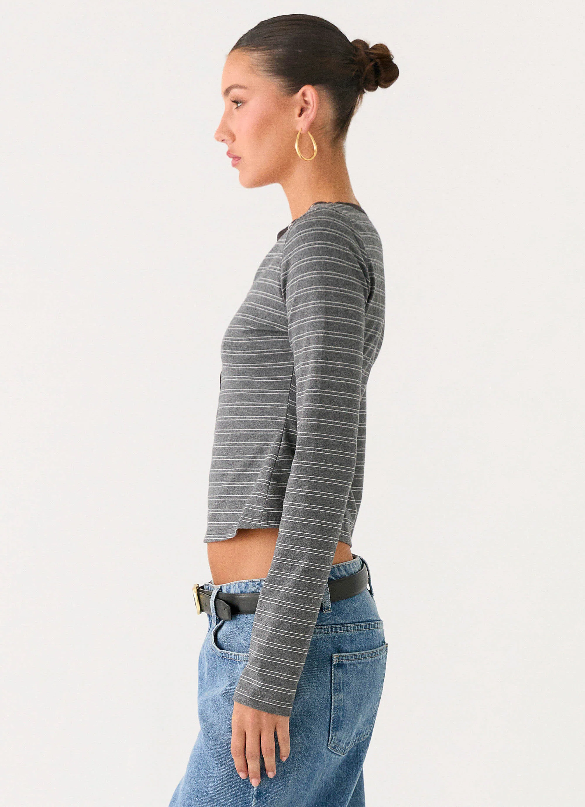 Kaytra Long Sleeve Top - Grey Marle Stripe - Image 3