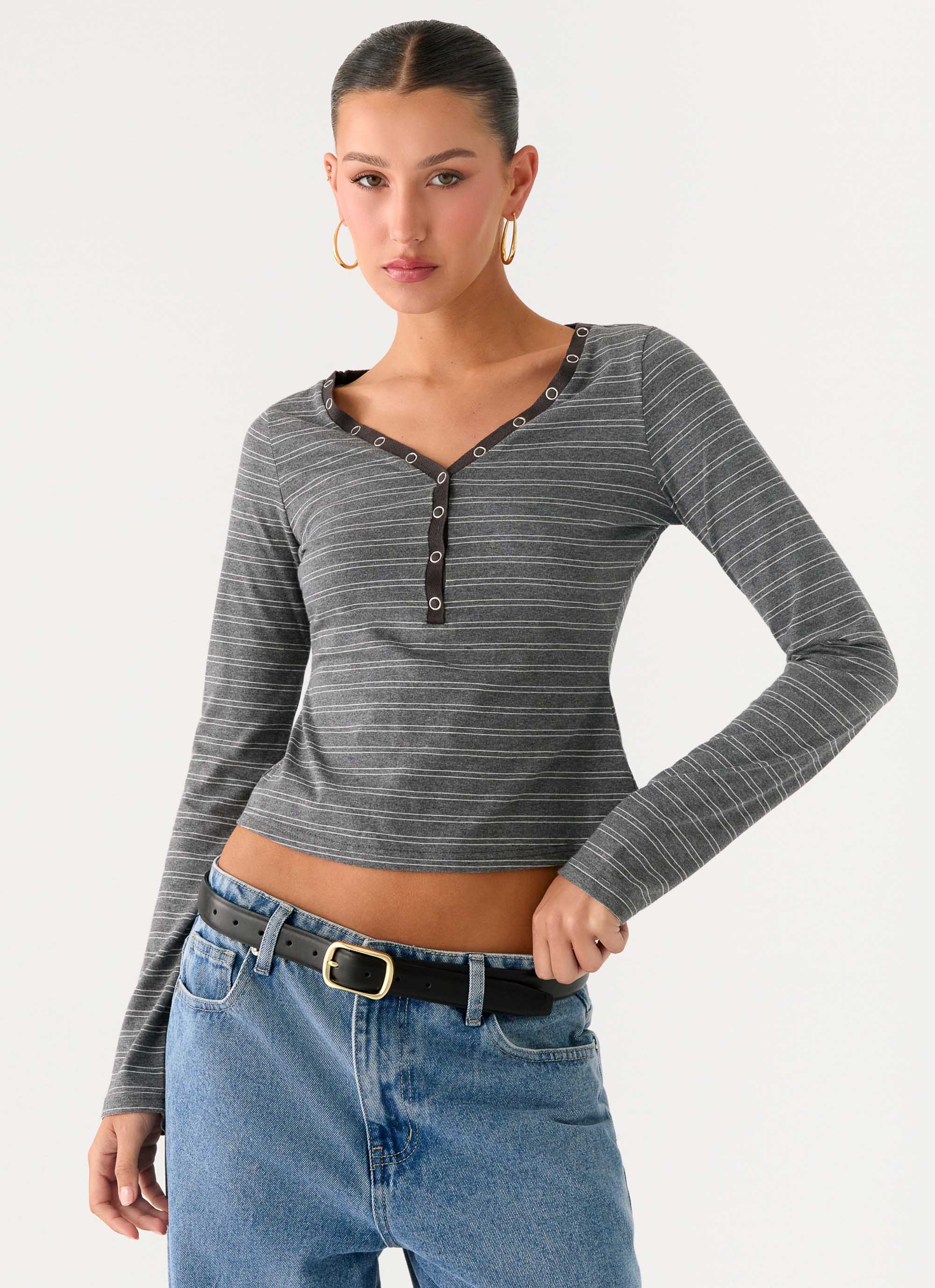 Kaytra Long Sleeve Top - Grey Marle Stripe - Image 6