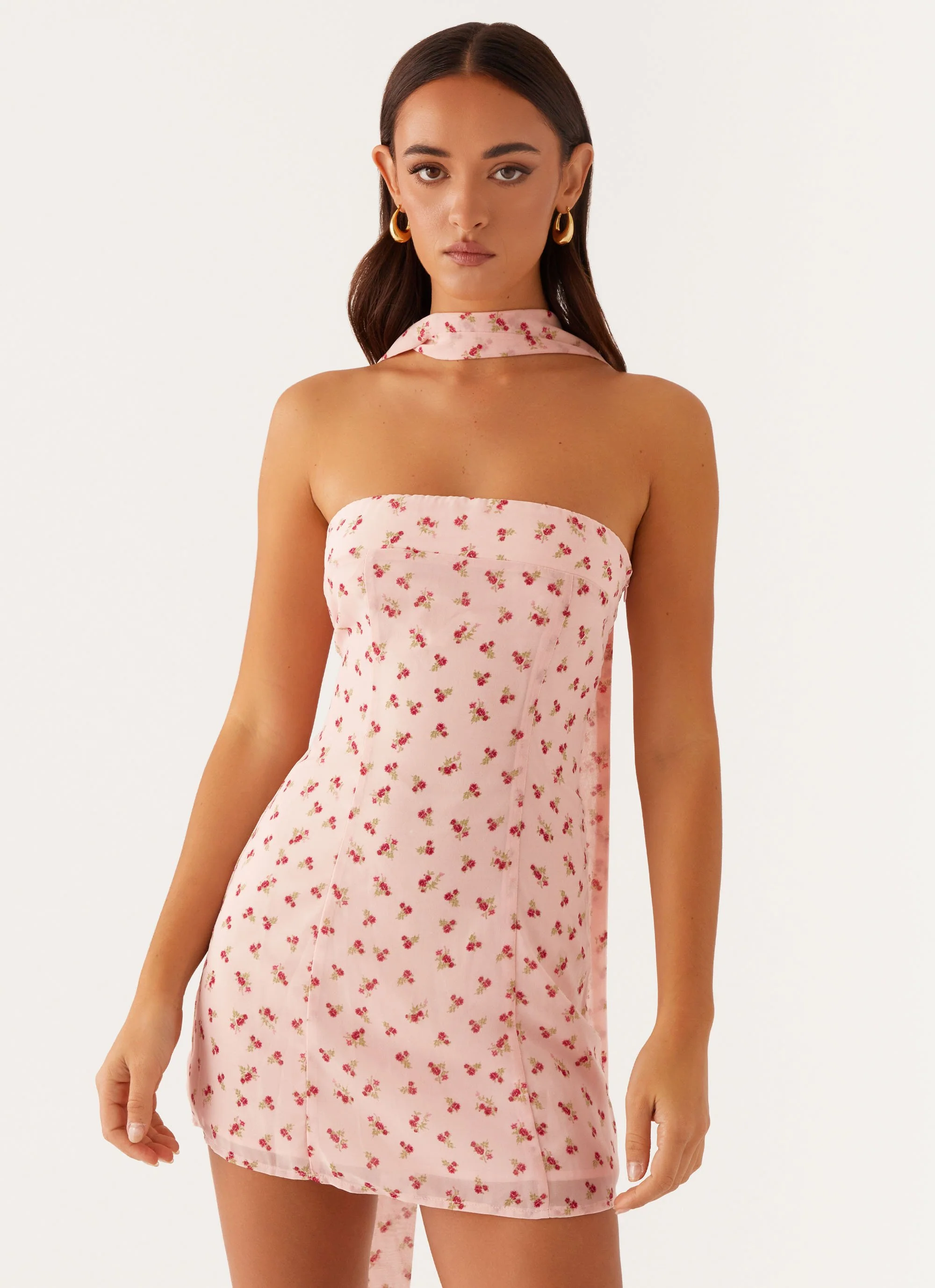 Kiesha Strapless Scarf Mini Dress - Pink Flower - Image 5