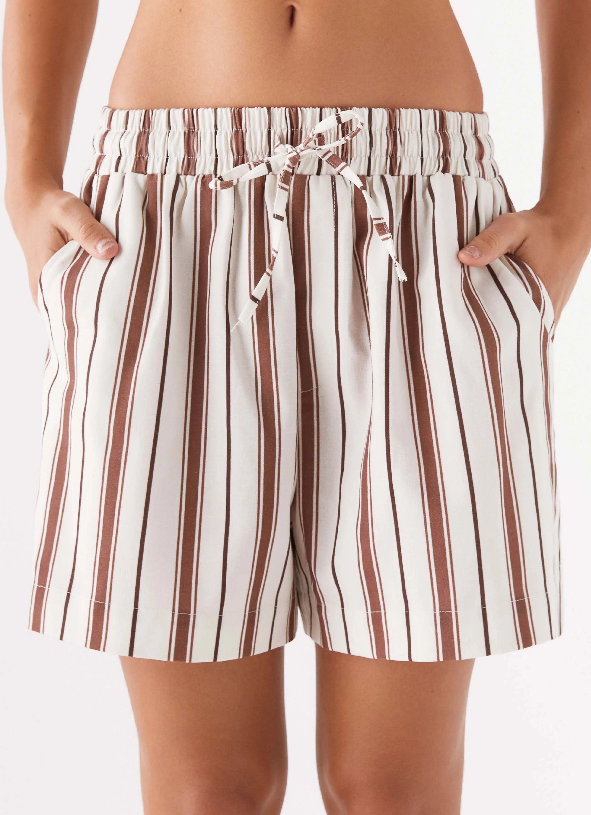 Kristen Linen Drawstring Shorts - Brown Stripe - Image 5