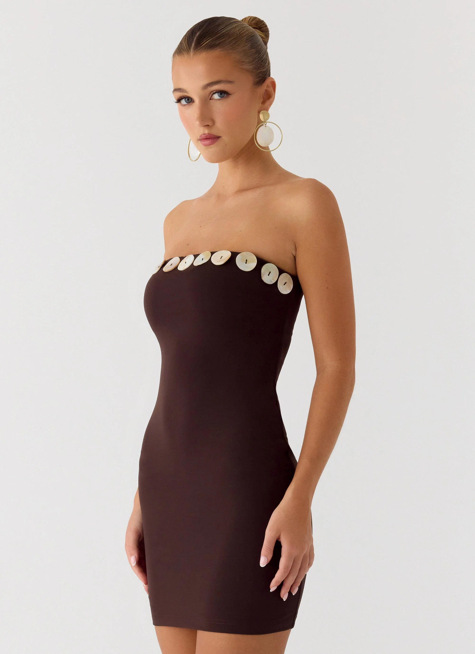 Leroy Button Mini Dress - Chocolate - Image 3