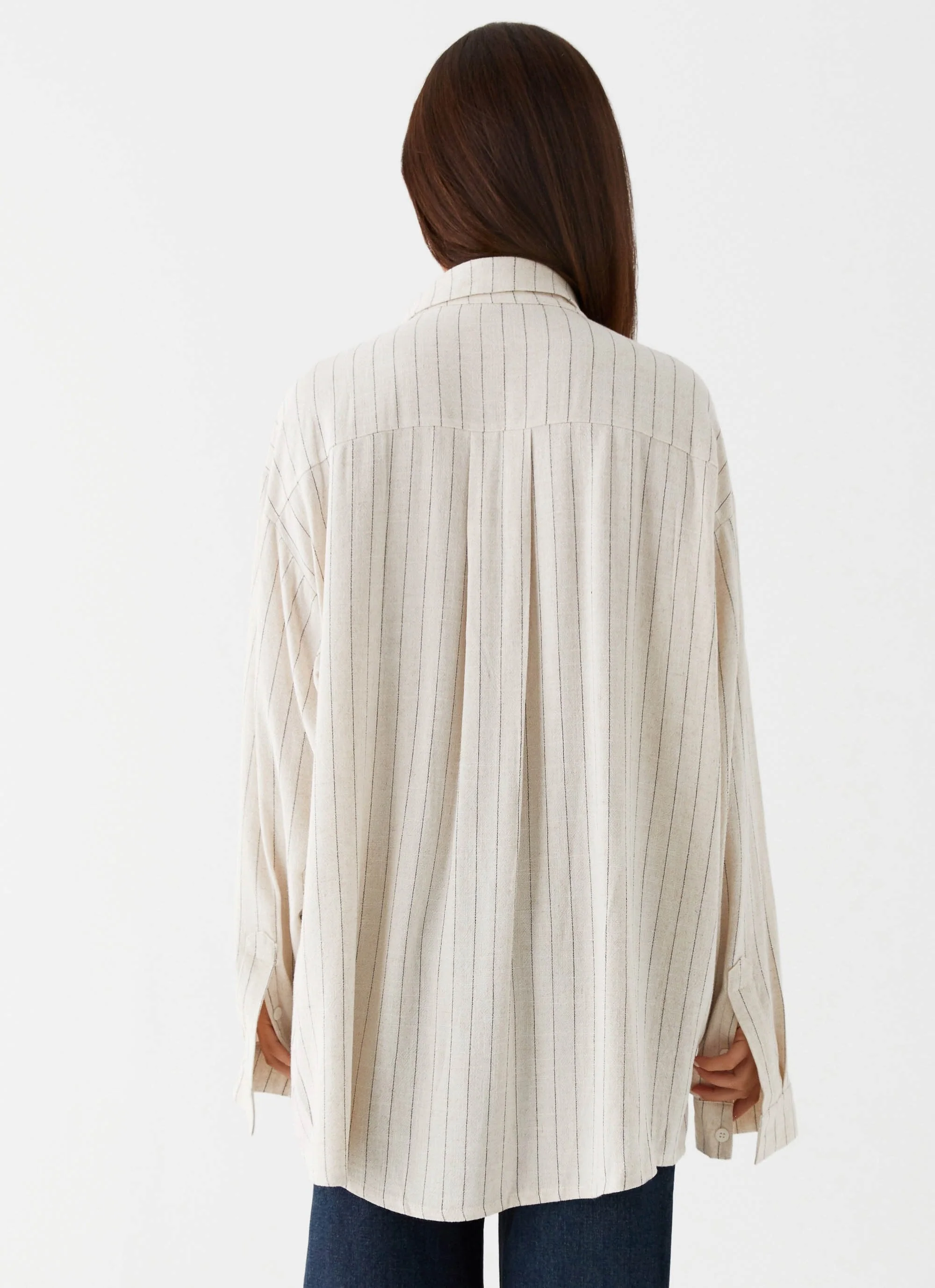 Lockie Oversized Linen Shirt - Oat Pinstripe - Image 4