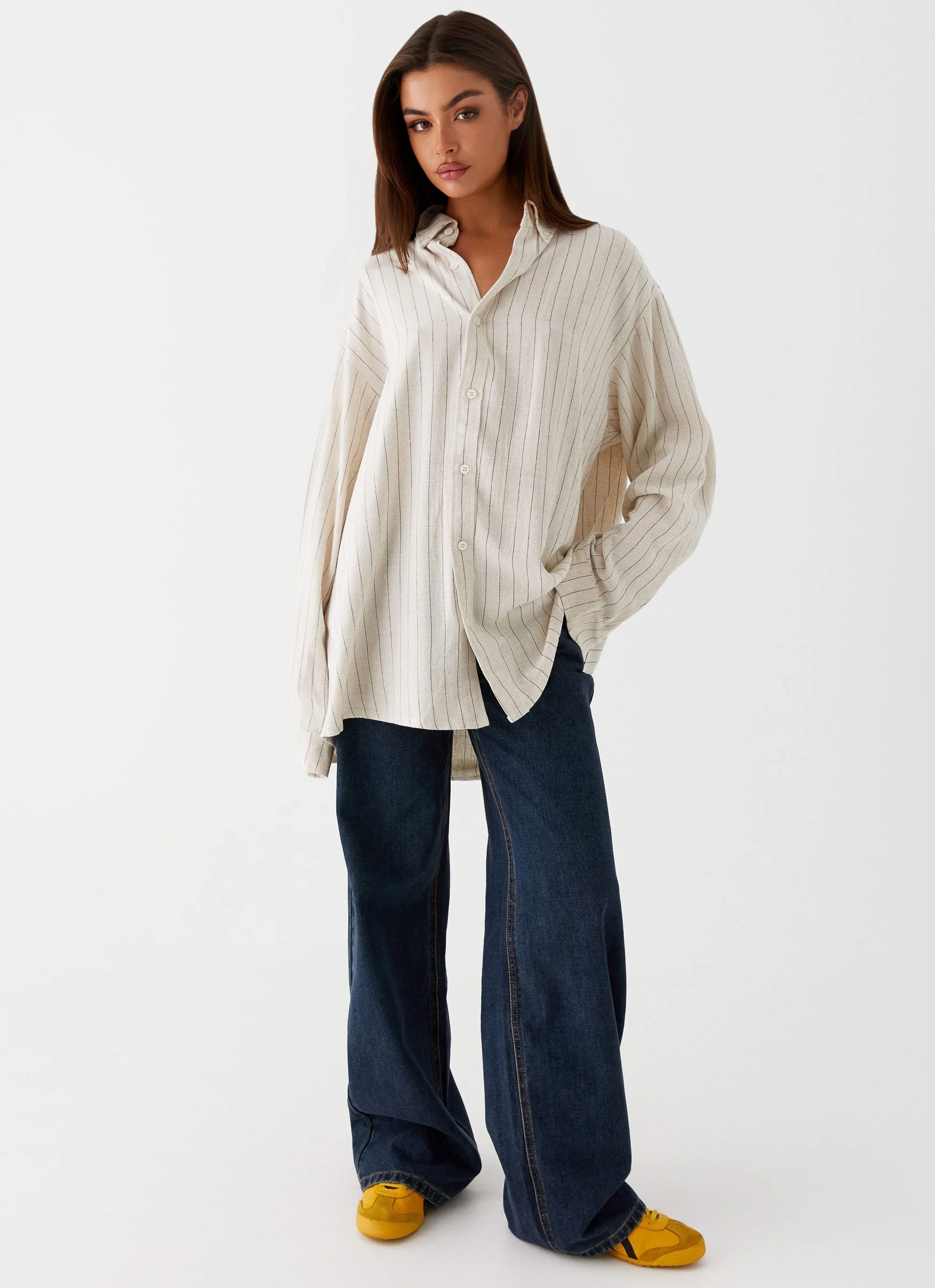 Lockie Oversized Linen Shirt - Oat Pinstripe - Image 5