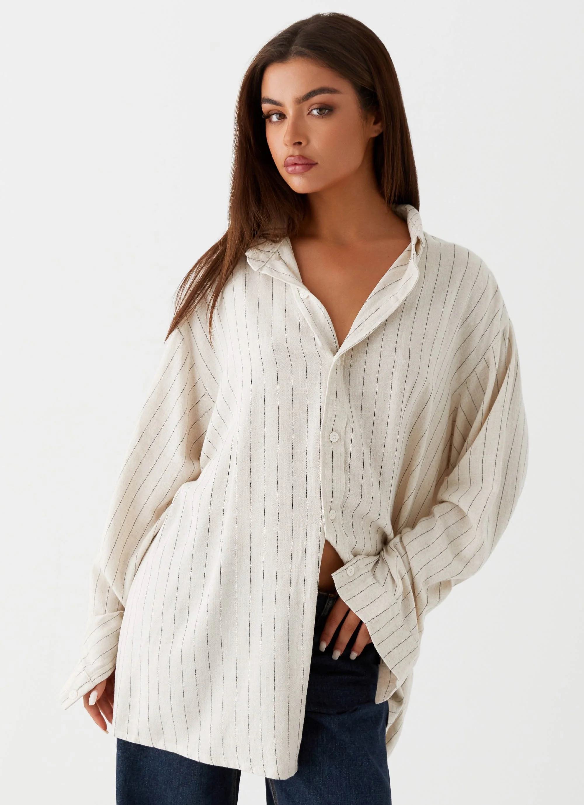 Lockie Oversized Linen Shirt - Oat Pinstripe - Image 6