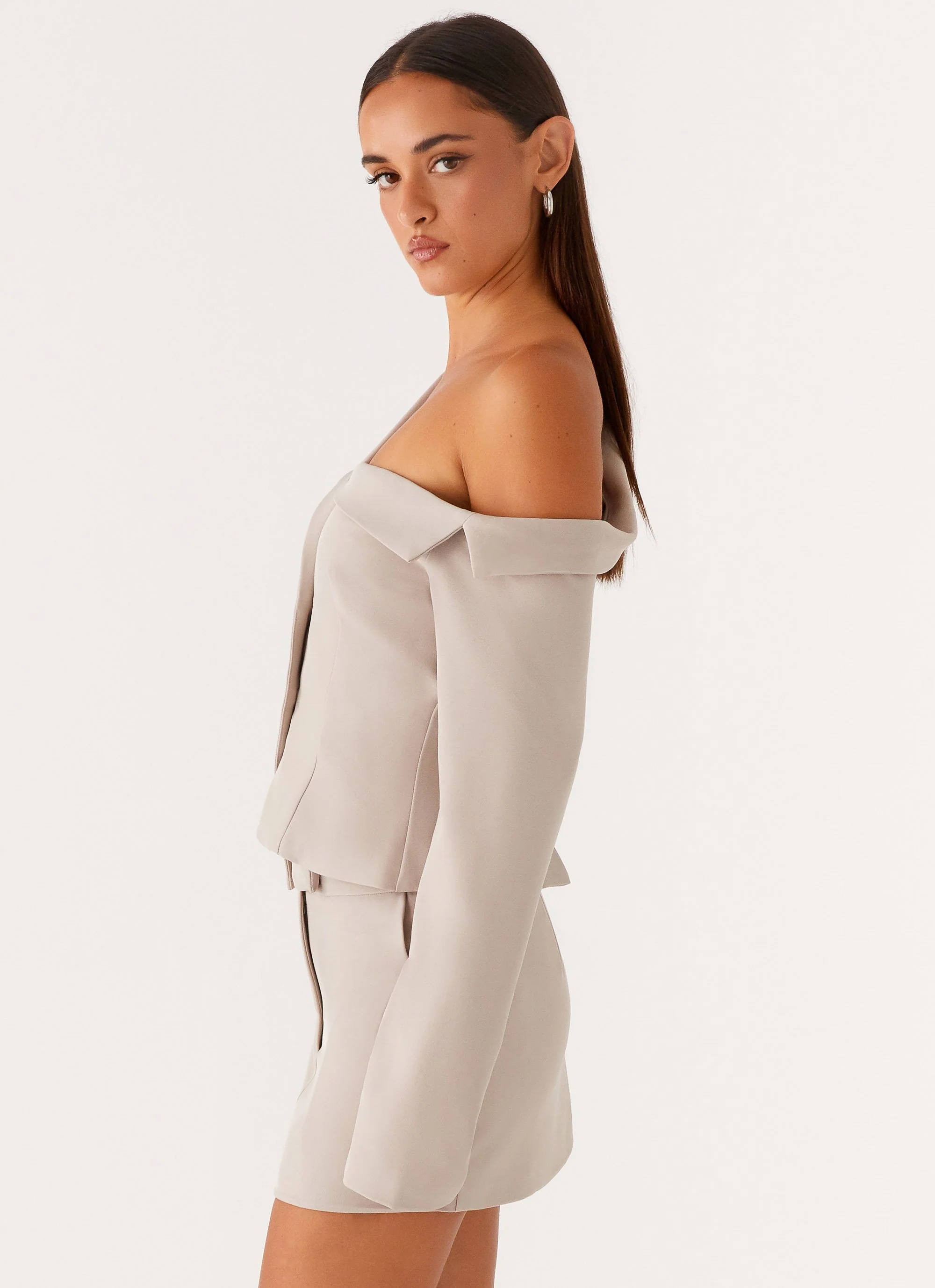 Looking Good Off Shoulder Blazer - Pebble - Image 3