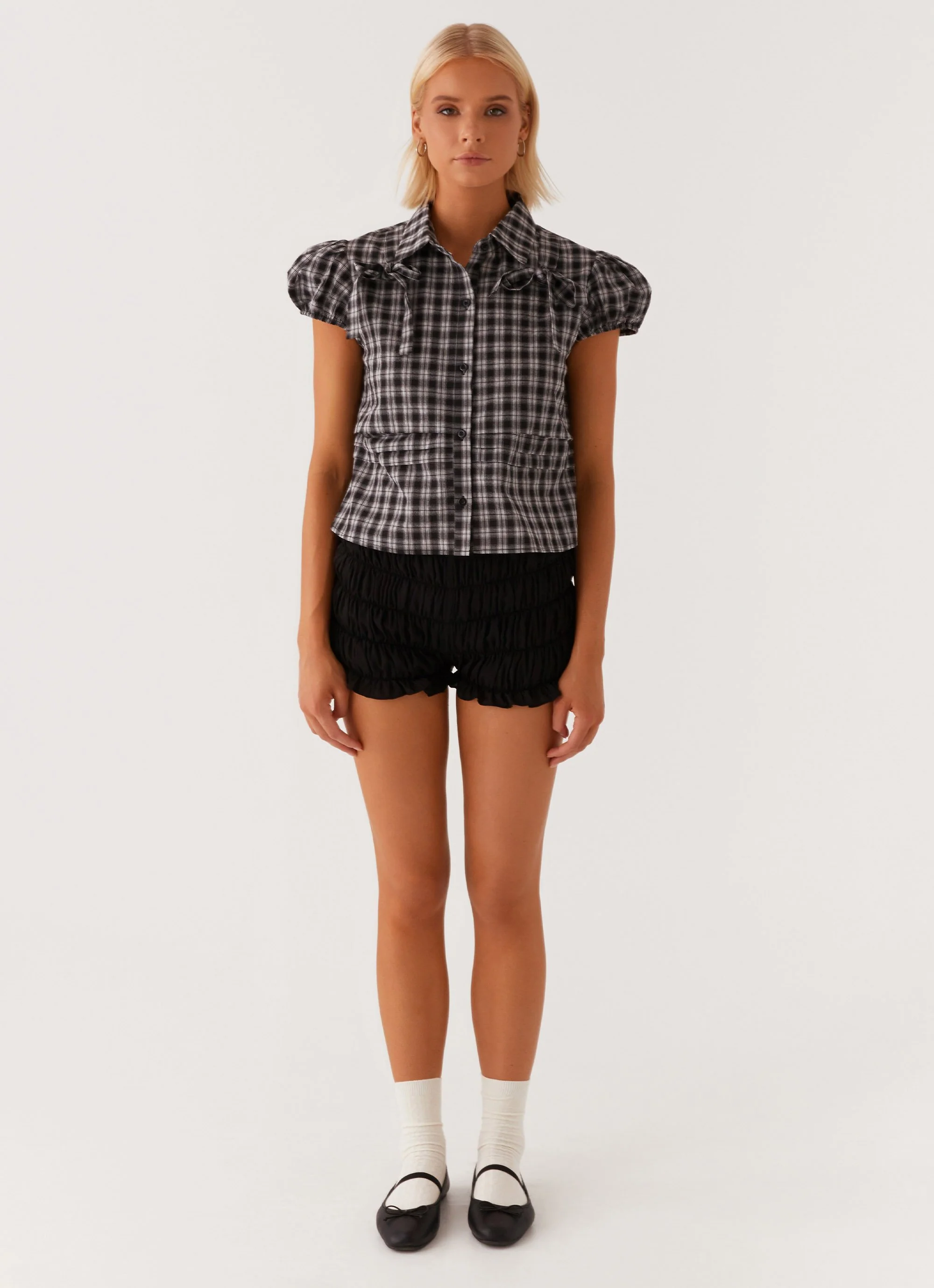 Lorraine Puff Sleeve Top - Black White Check - Image 2
