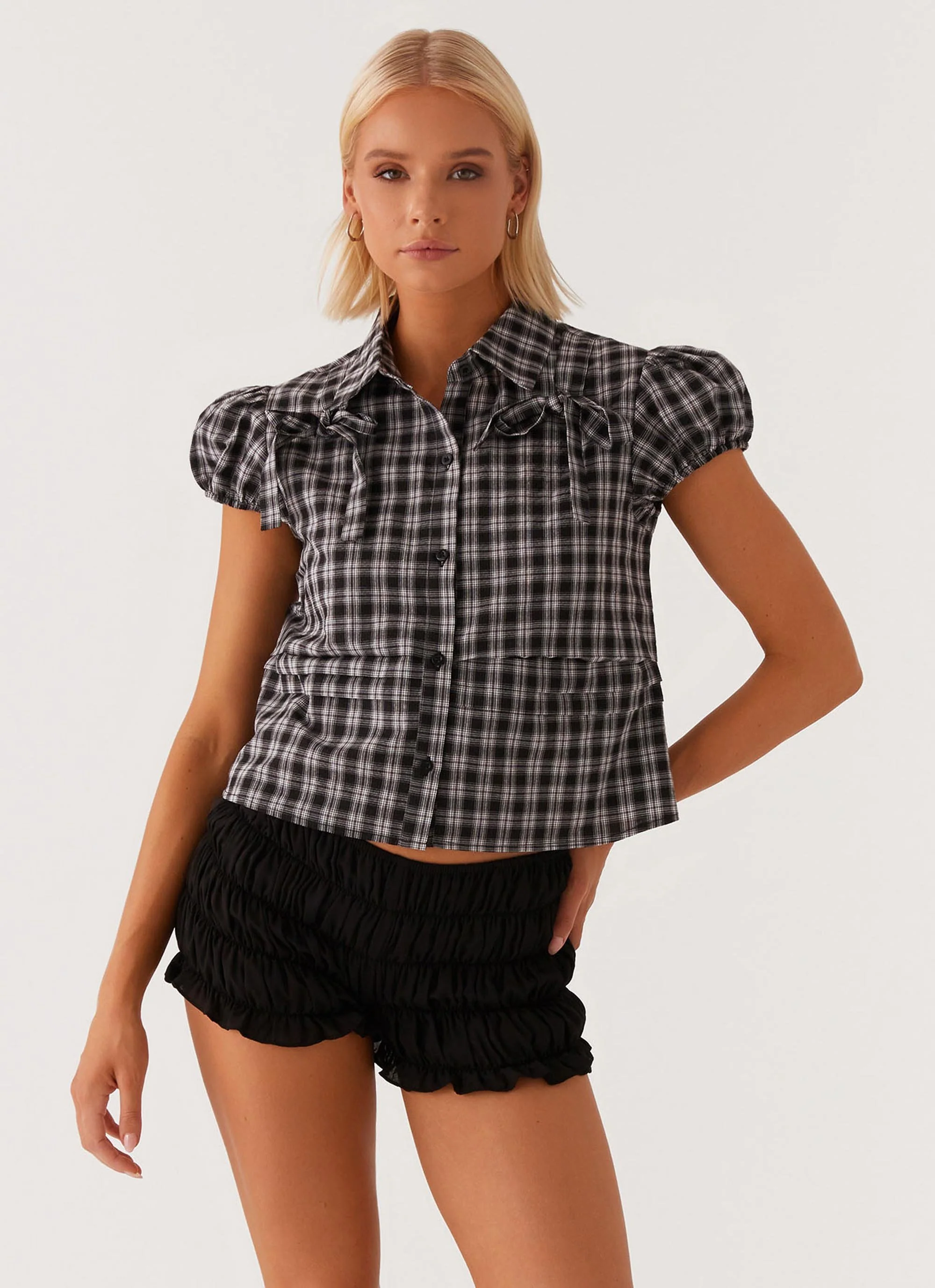 Lorraine Puff Sleeve Top - Black White Check - Image 3