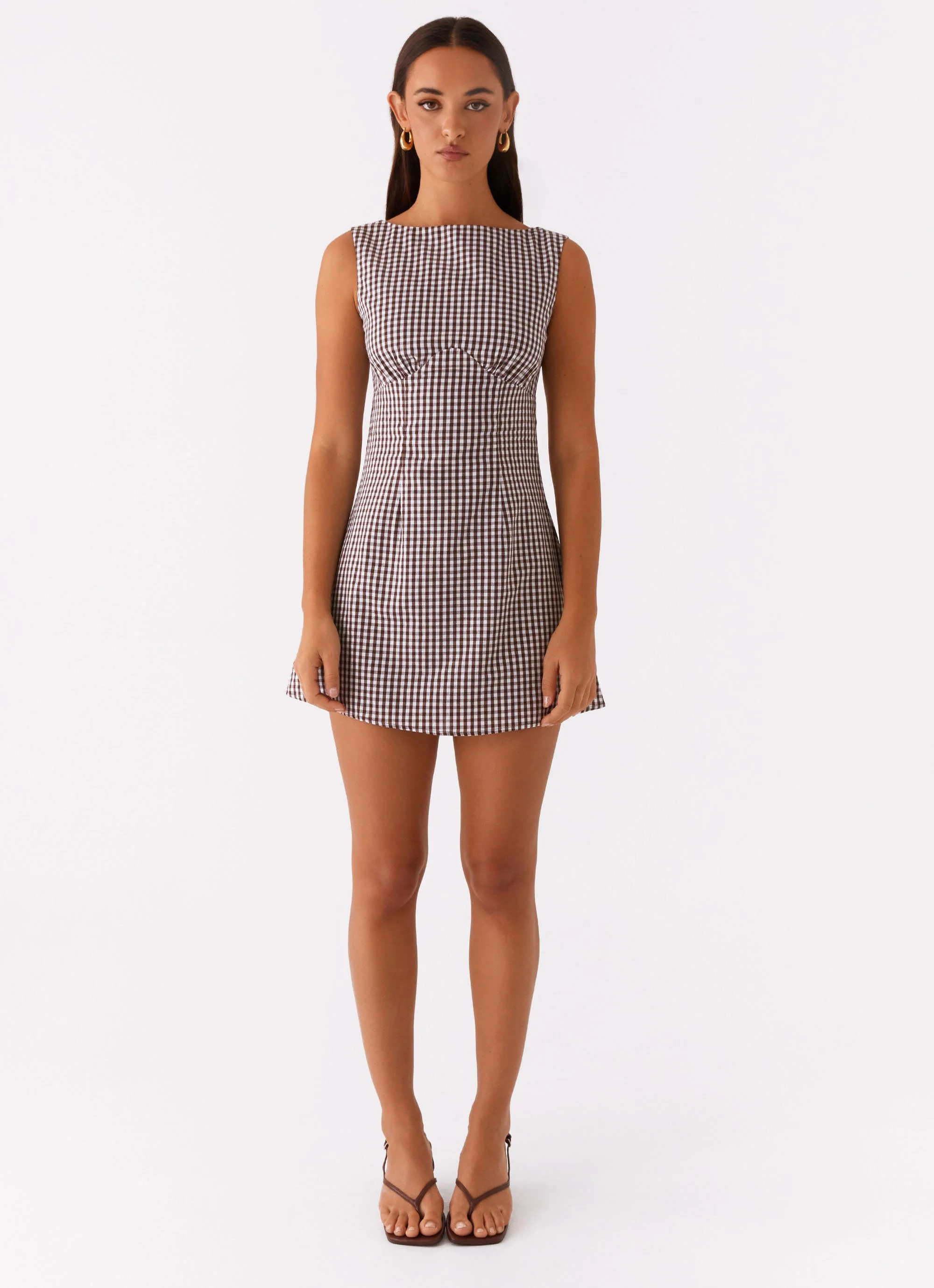 Lotus Tie Back Mini Dress - Chocolate Gingham - Image 2