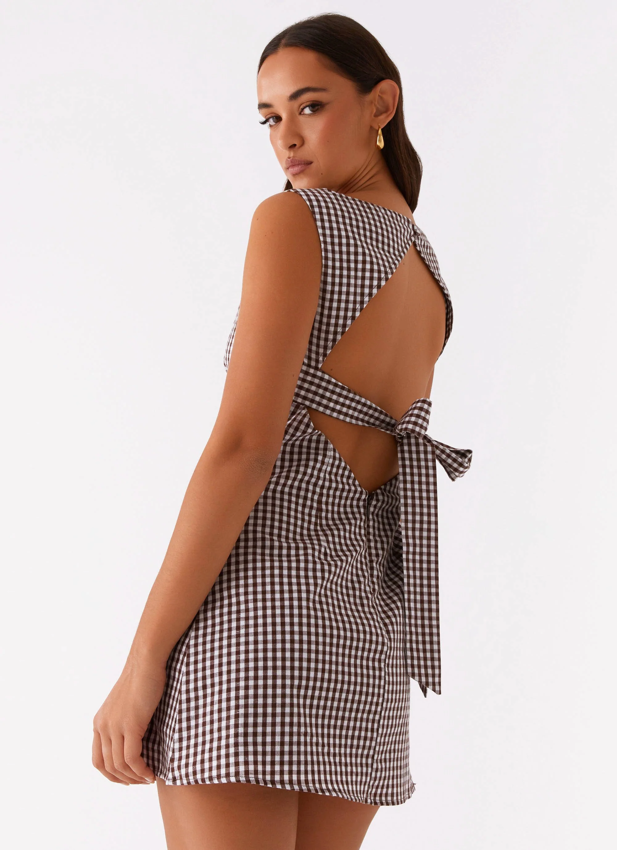 Lotus Tie Back Mini Dress - Chocolate Gingham - Image 6