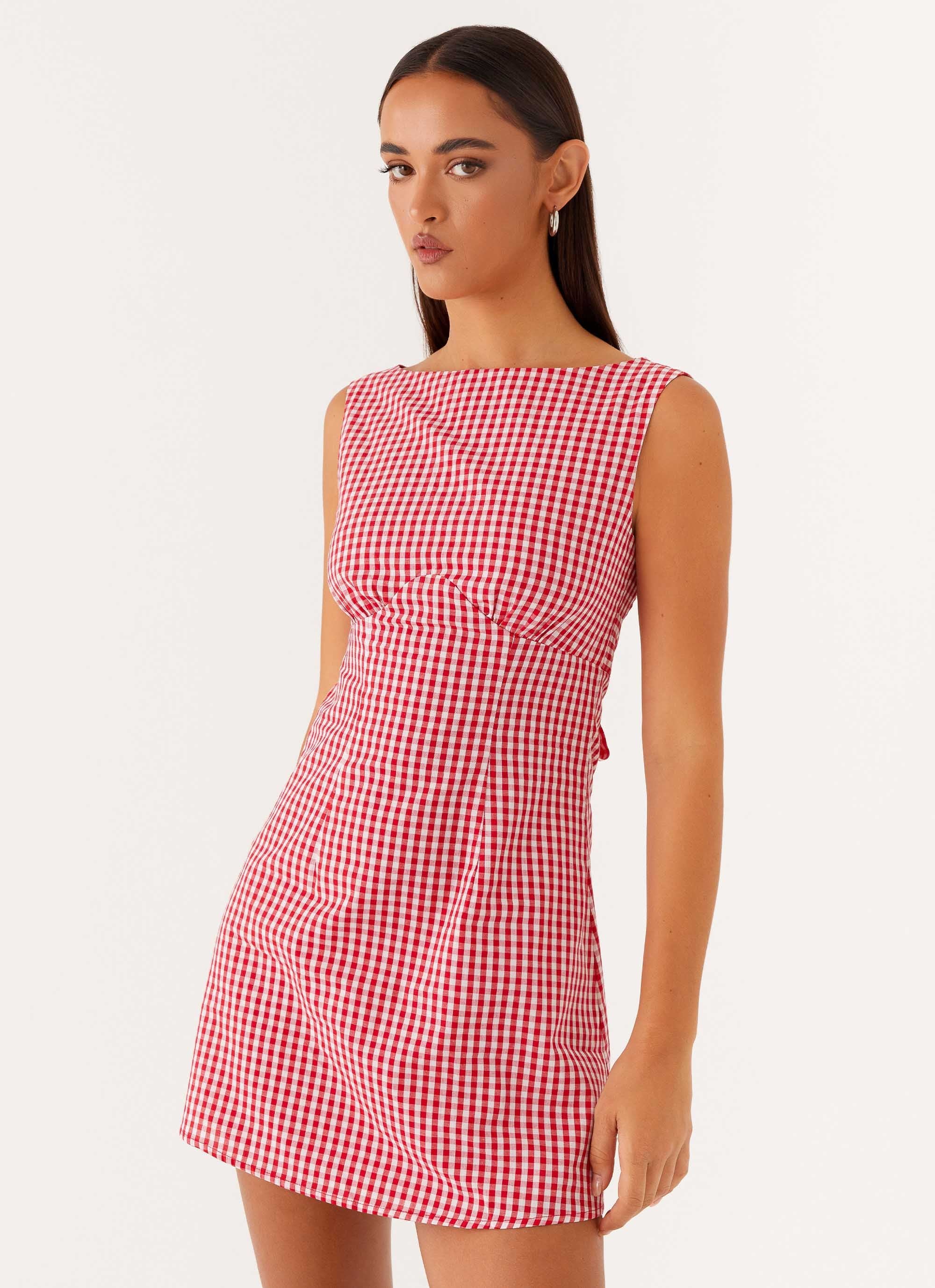 Lotus Tie Back Mini Dress - Red Gingham - Image 4
