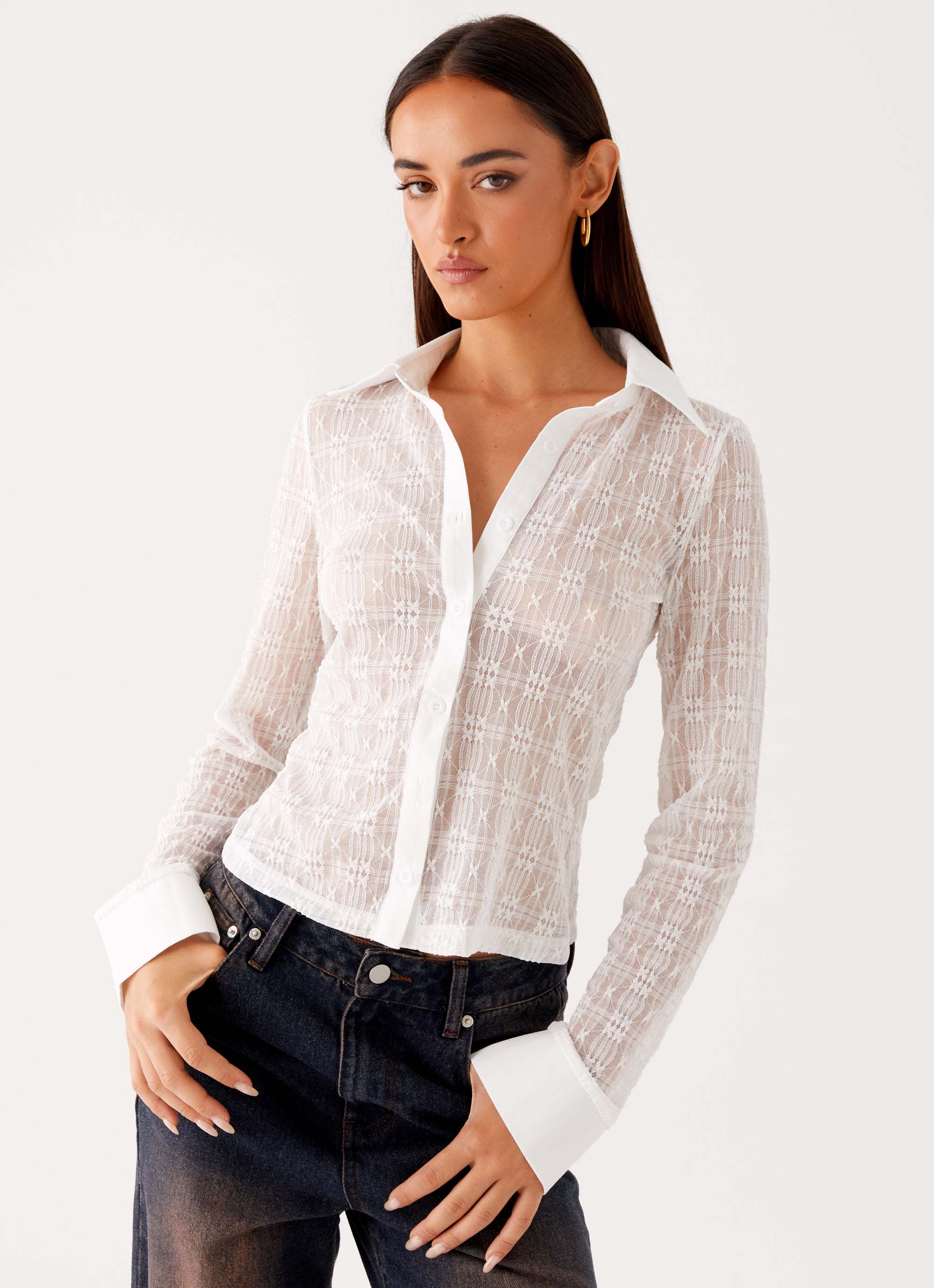 Loui Lace Long Sleeve Top - White - Image 5