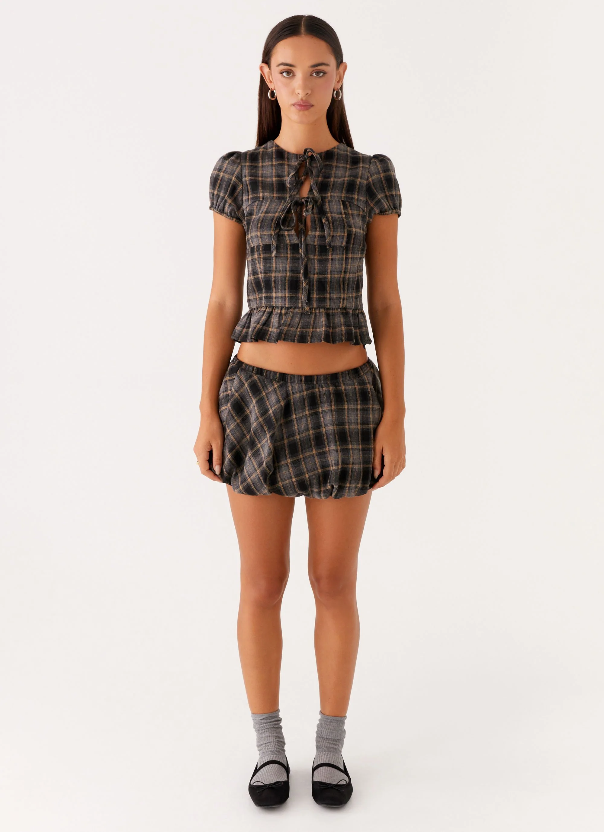 Lucia Puff Sleeve Top - Brown Check - Image 2