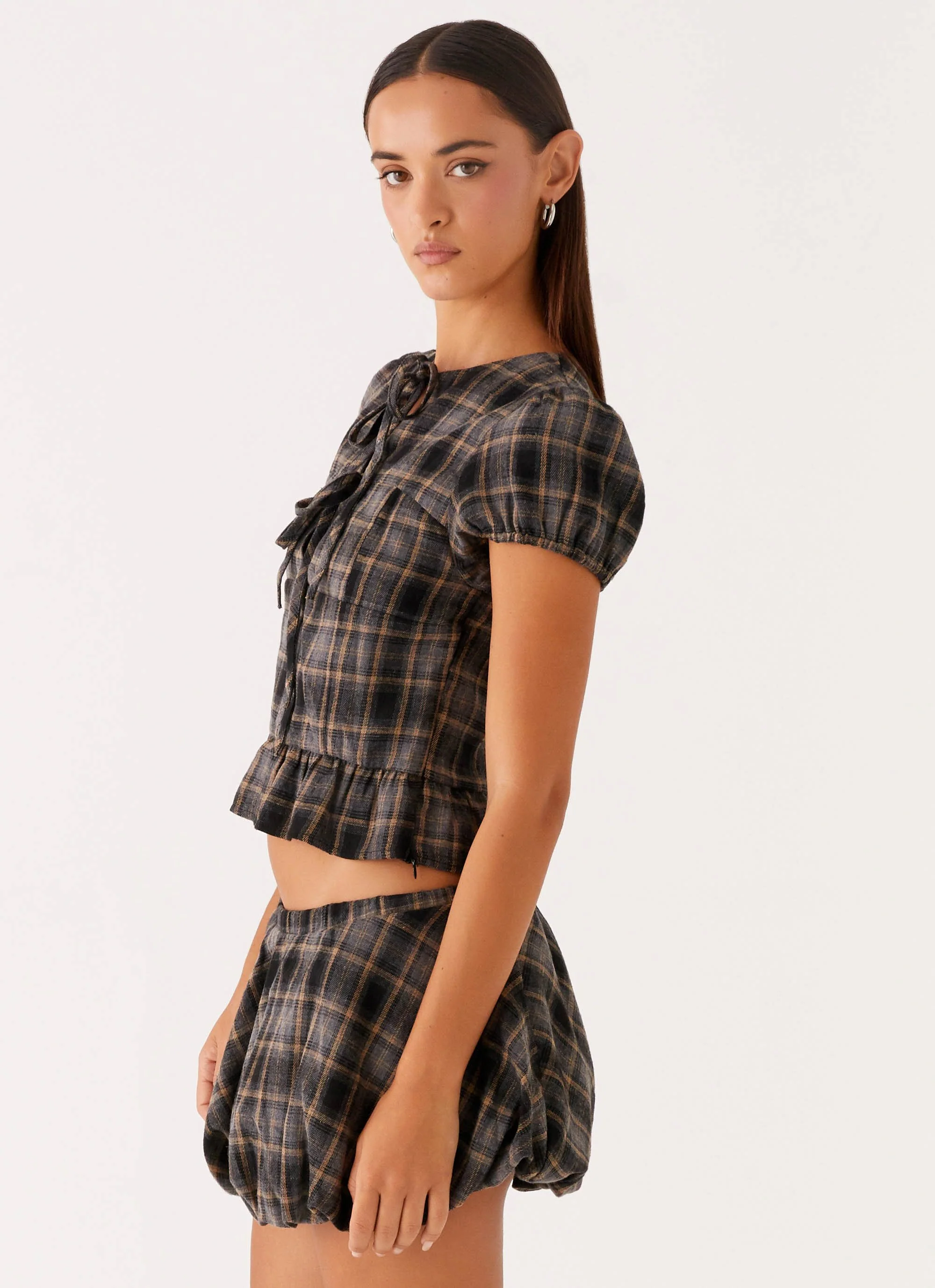 Lucia Puff Sleeve Top - Brown Check - Image 3