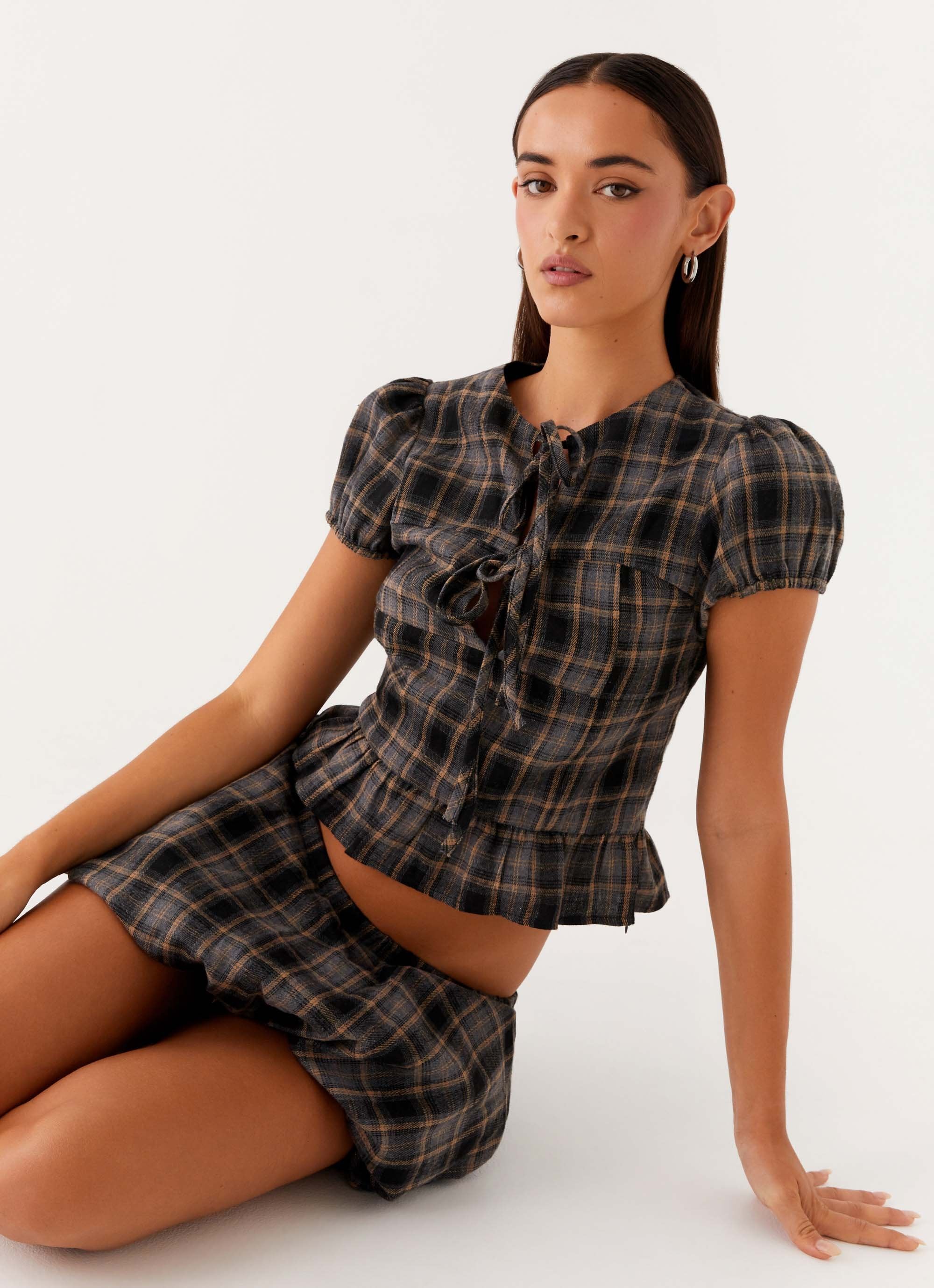 Lucia Puff Sleeve Top - Brown Check - Image 6