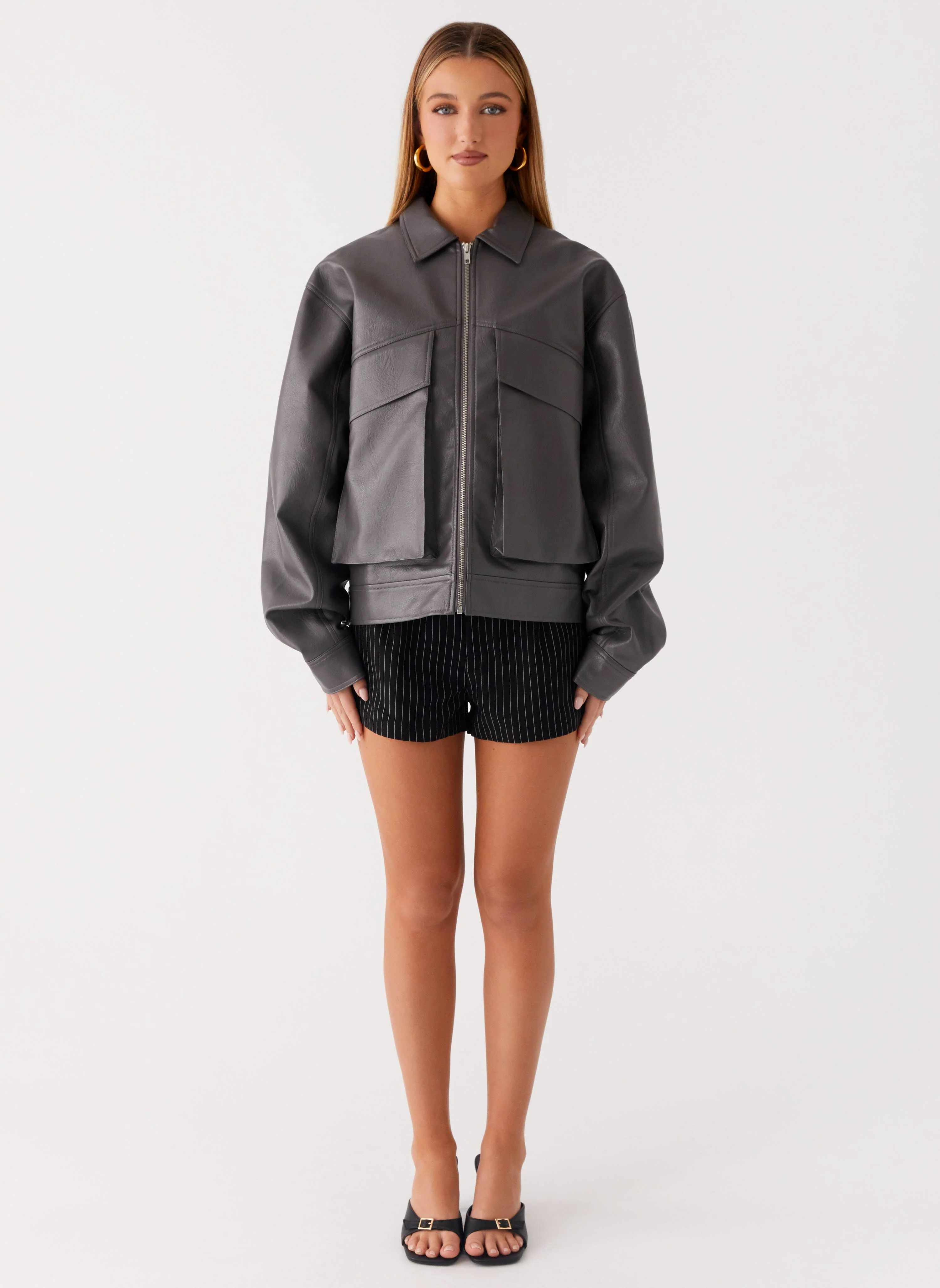 Lula Faux Leather Bomber Jacket - Charcoal - Image 2