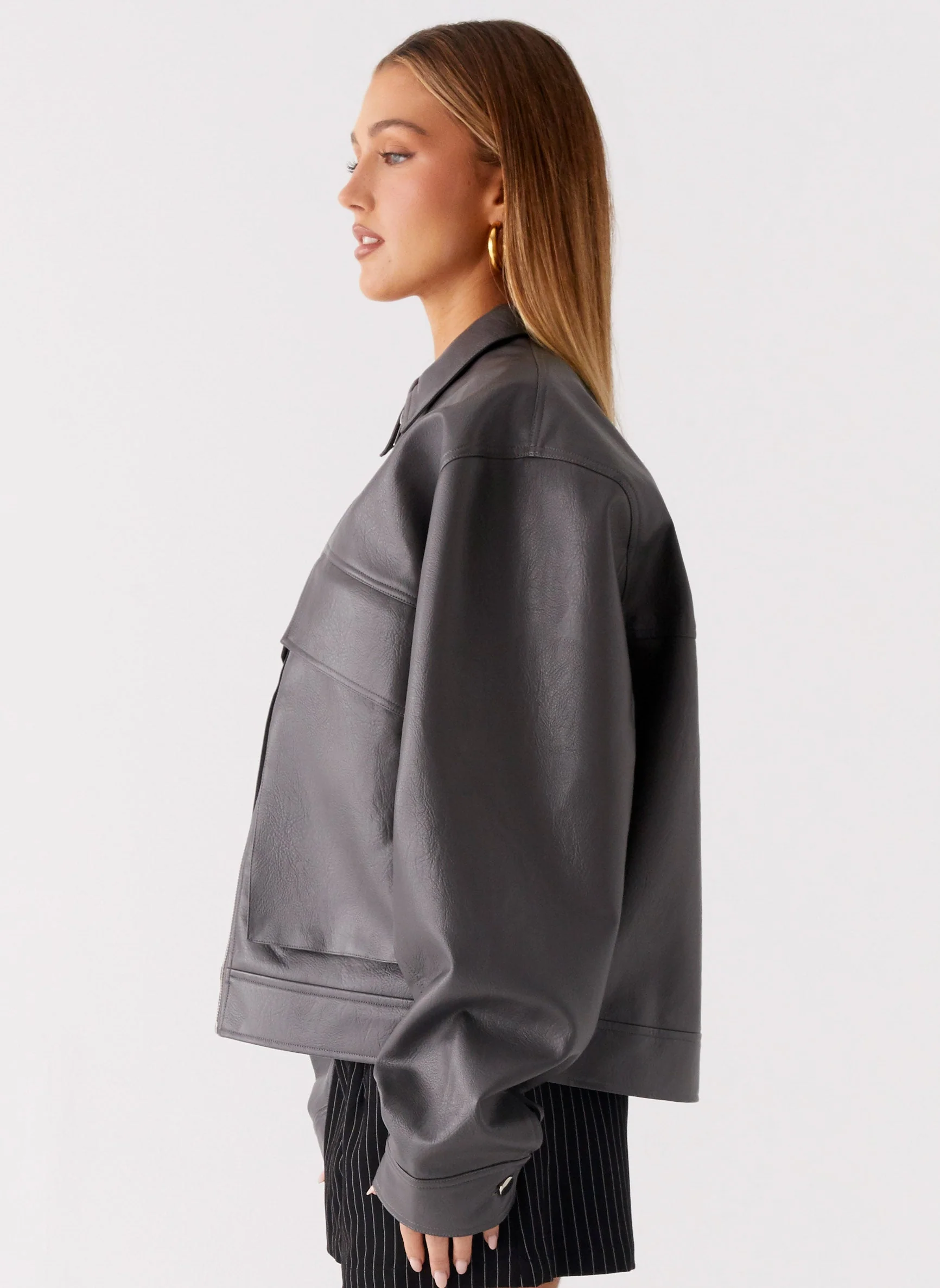 Lula Faux Leather Bomber Jacket - Charcoal - Image 3