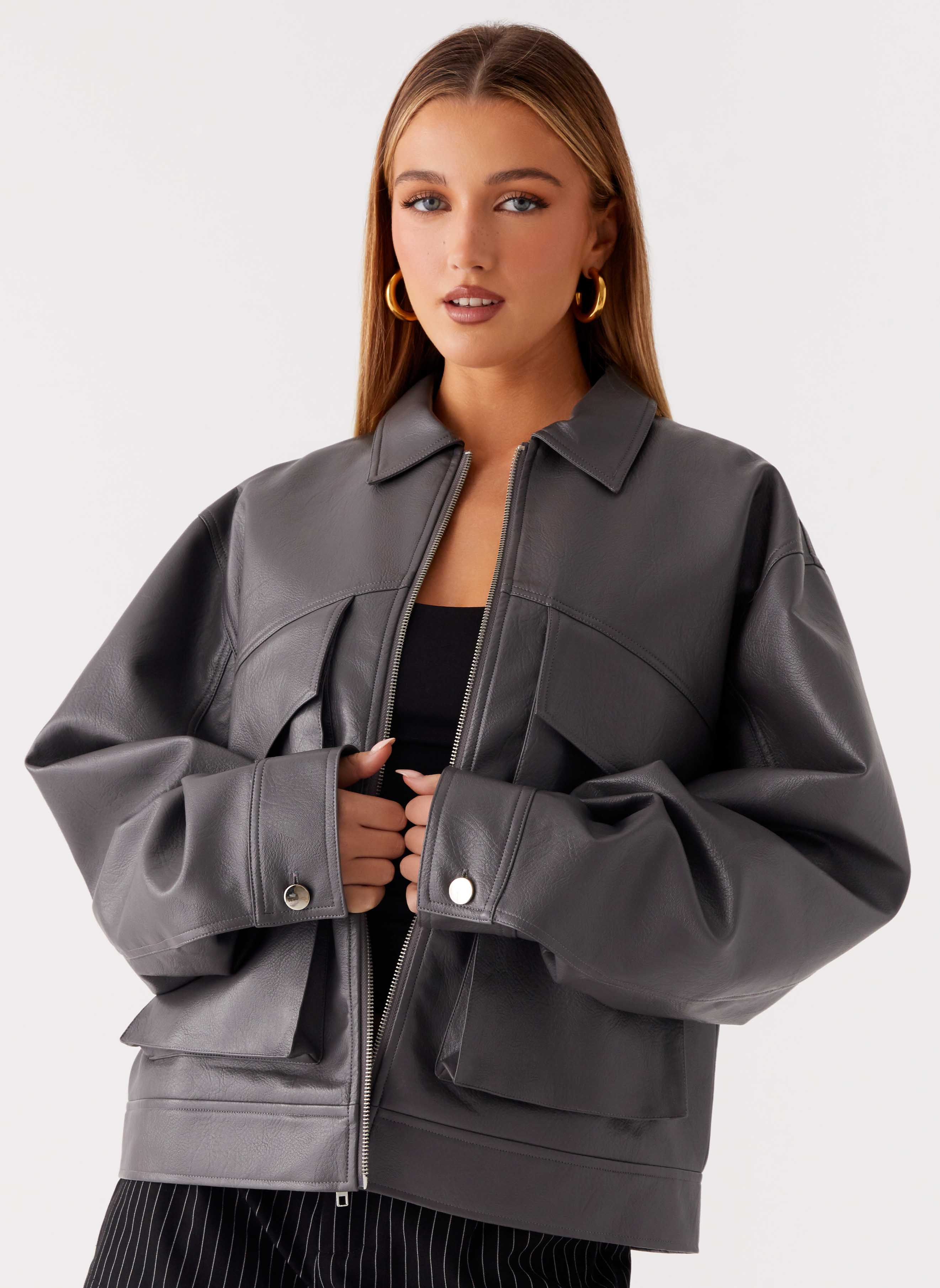 Lula Faux Leather Bomber Jacket - Charcoal - Image 5