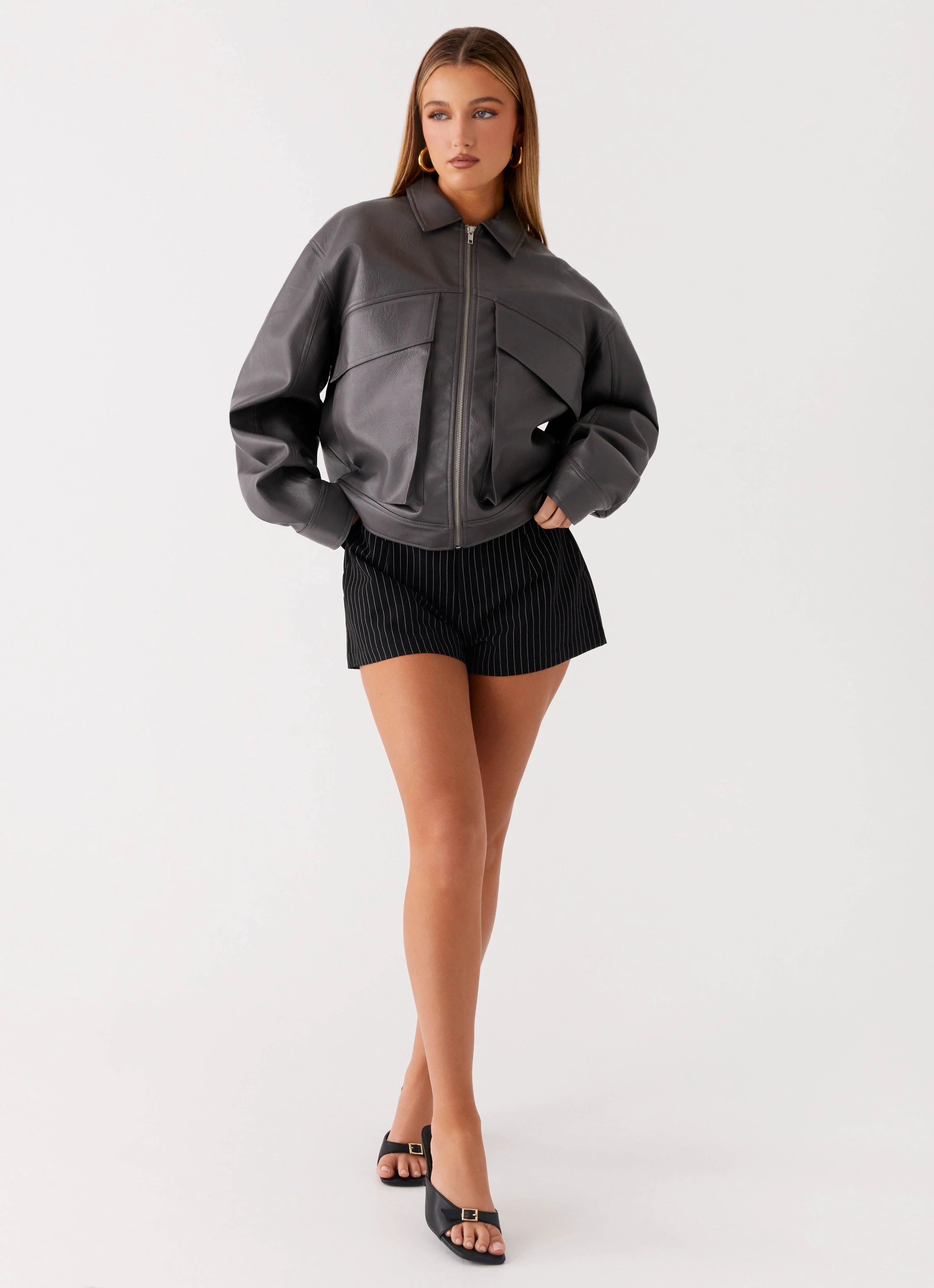 Lula Faux Leather Bomber Jacket - Charcoal - Image 6