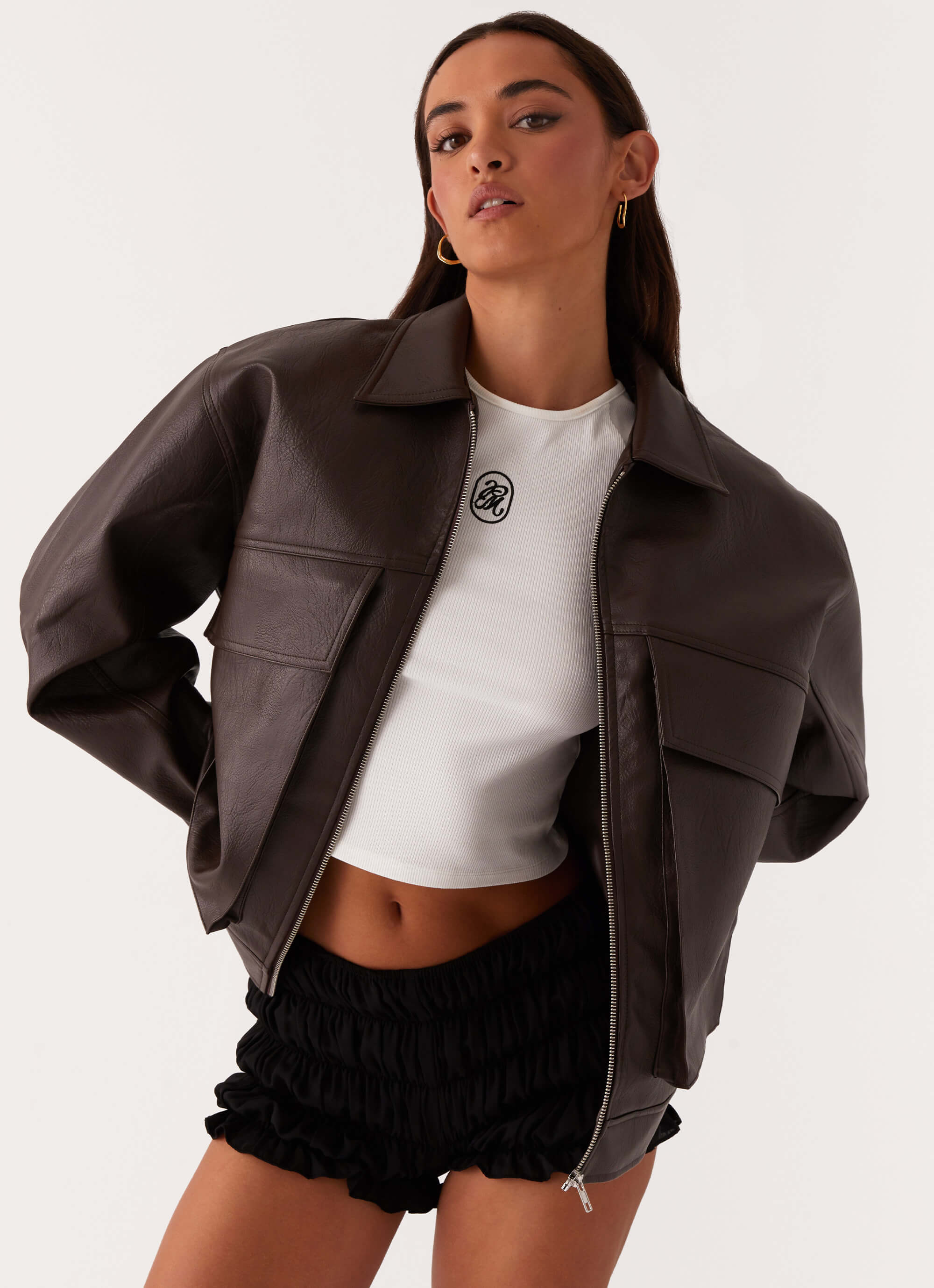 Lula Faux Leather Bomber Jacket - Chocolate - Image 2