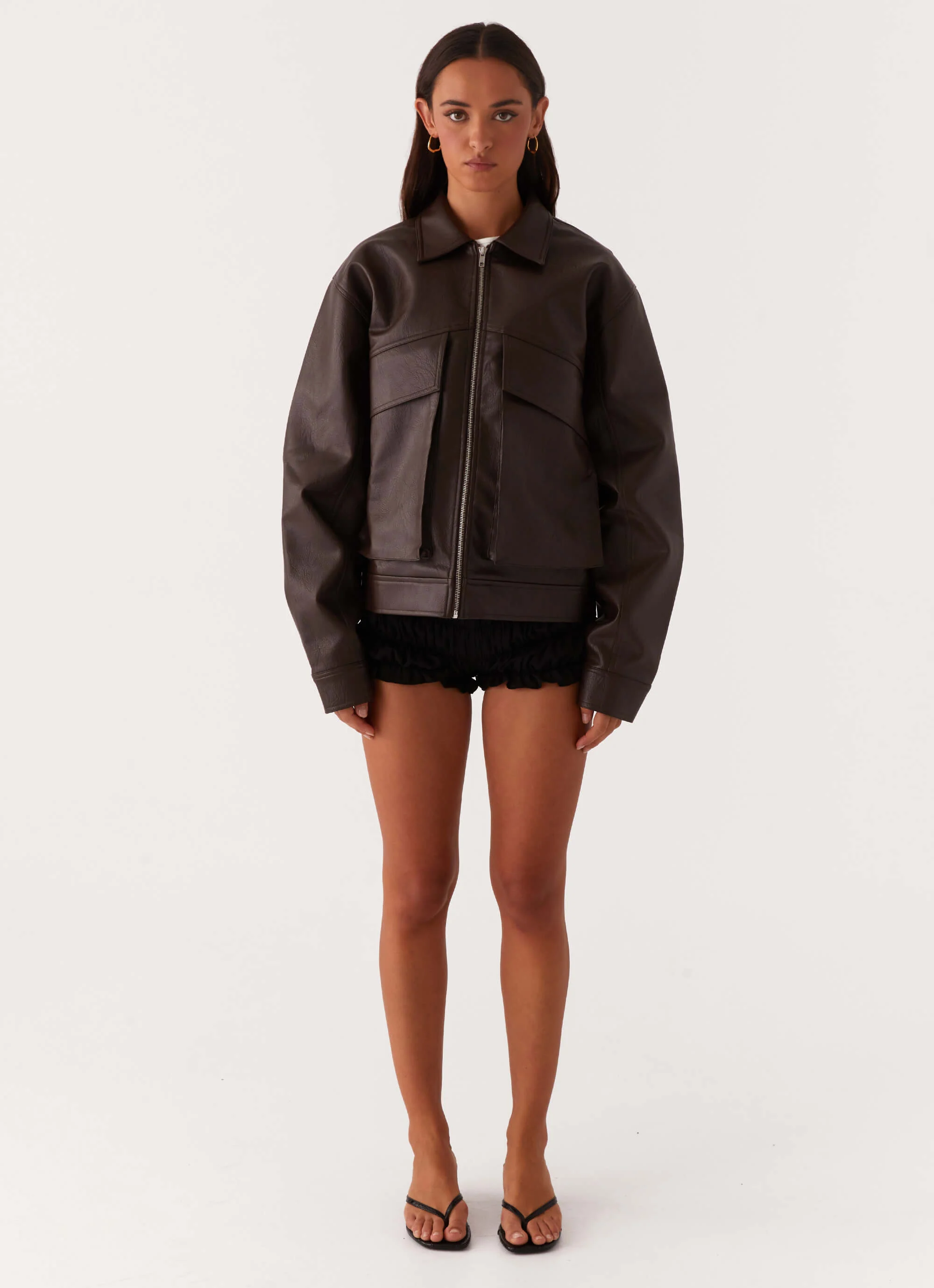 Lula Faux Leather Bomber Jacket - Chocolate - Image 3