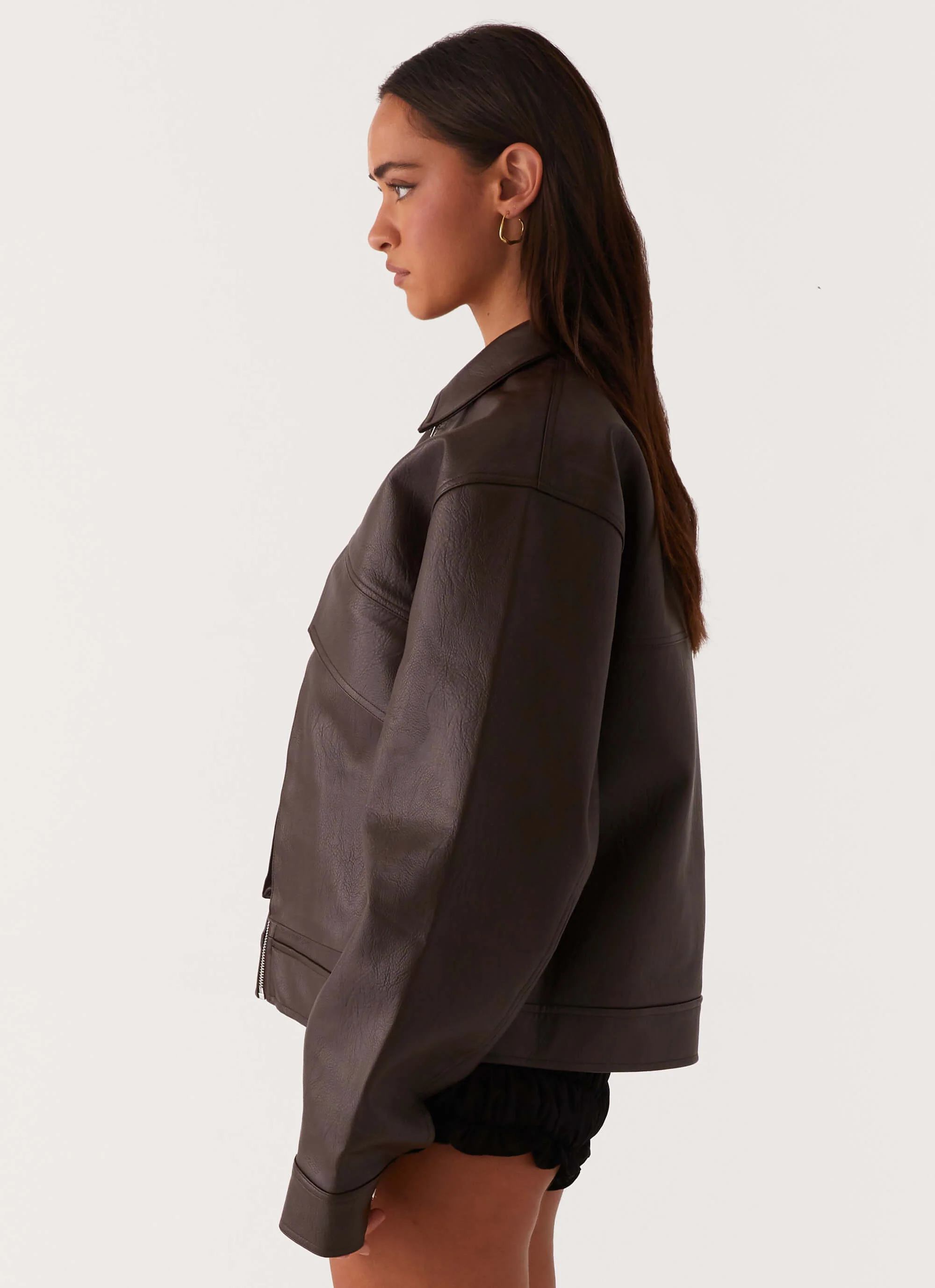Lula Faux Leather Bomber Jacket - Chocolate - Image 4
