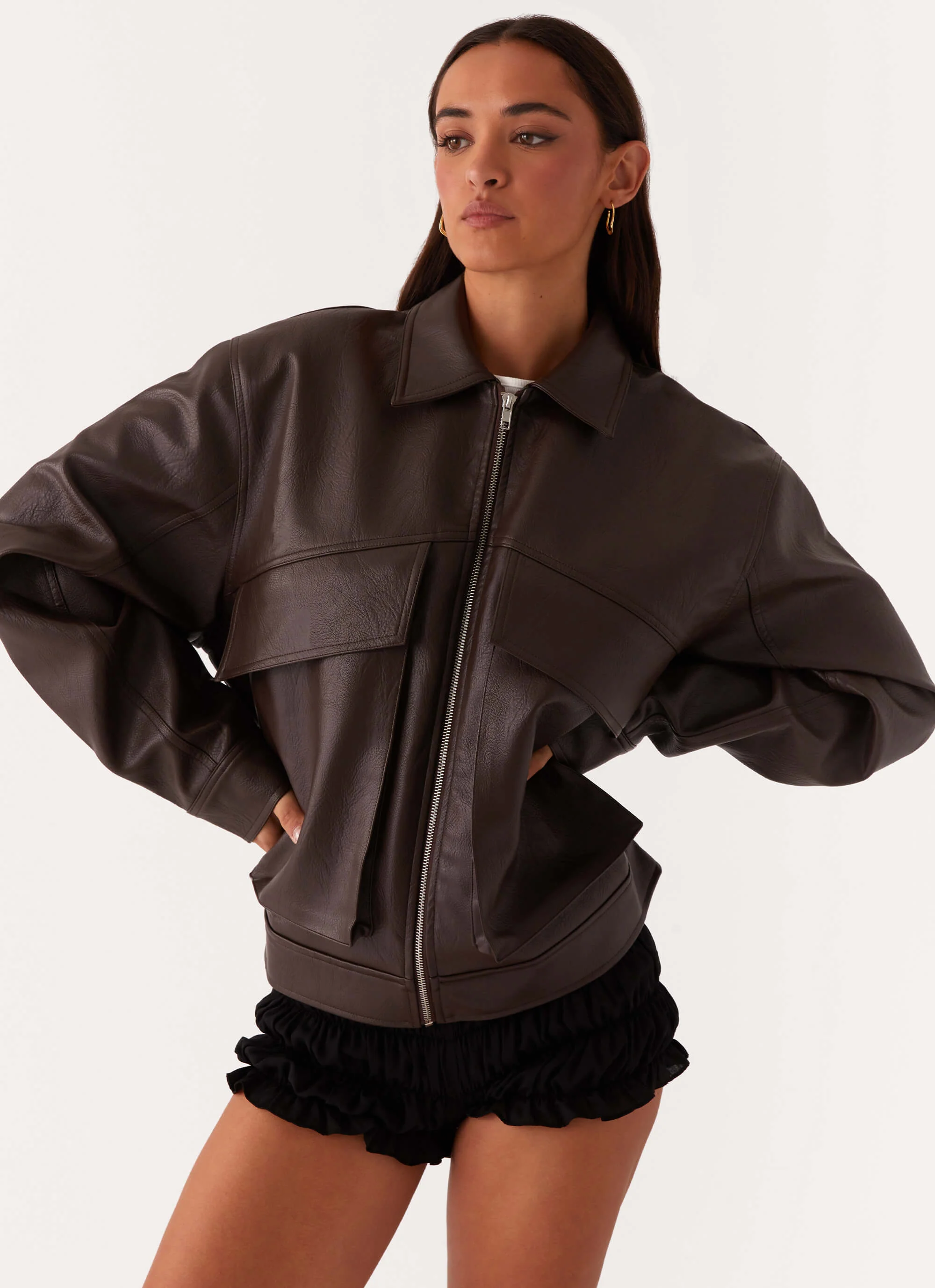 Lula Faux Leather Bomber Jacket - Chocolate - Image 6