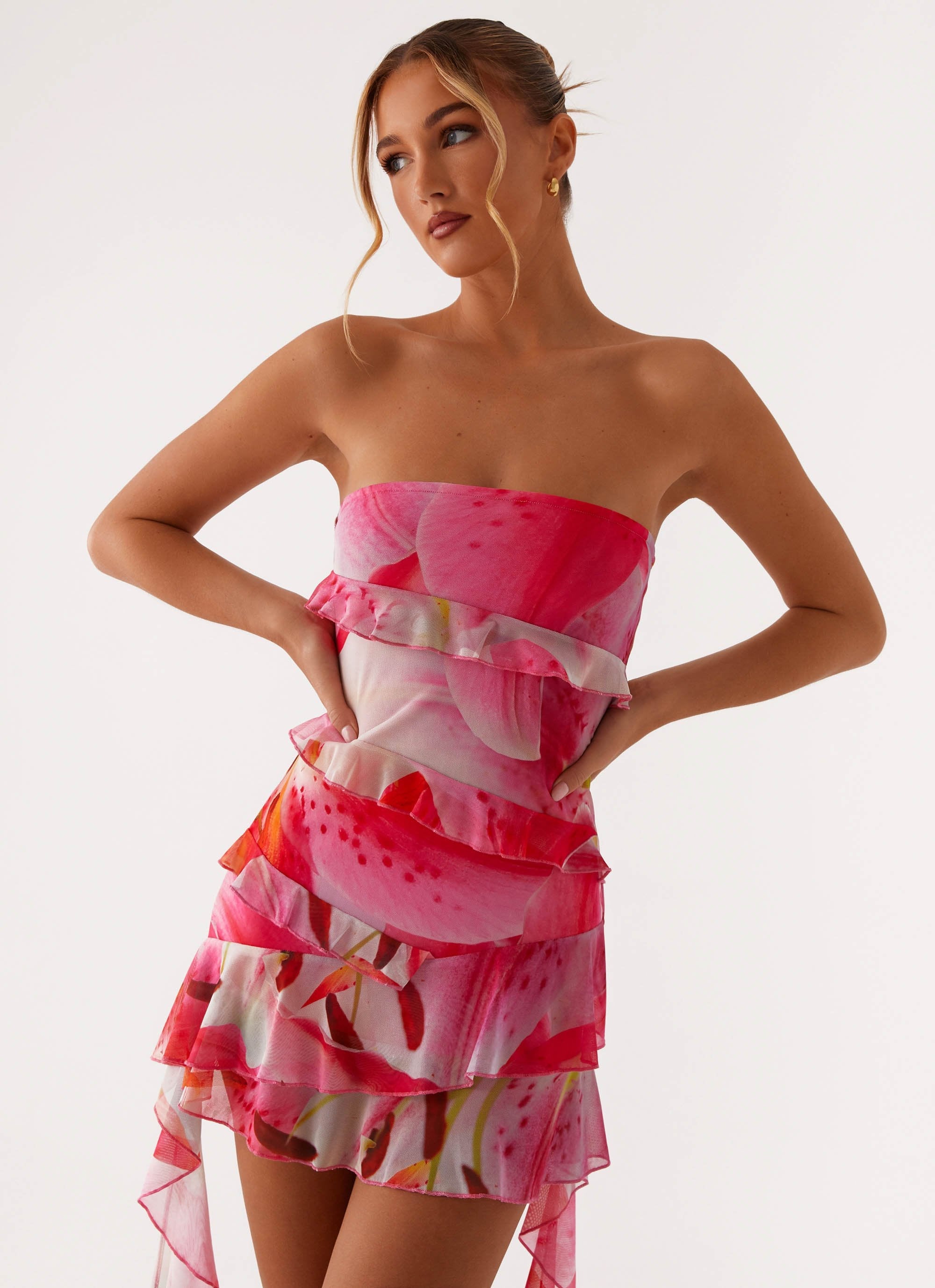 Macey Mini Dress - White Pink Lilly - Image 3
