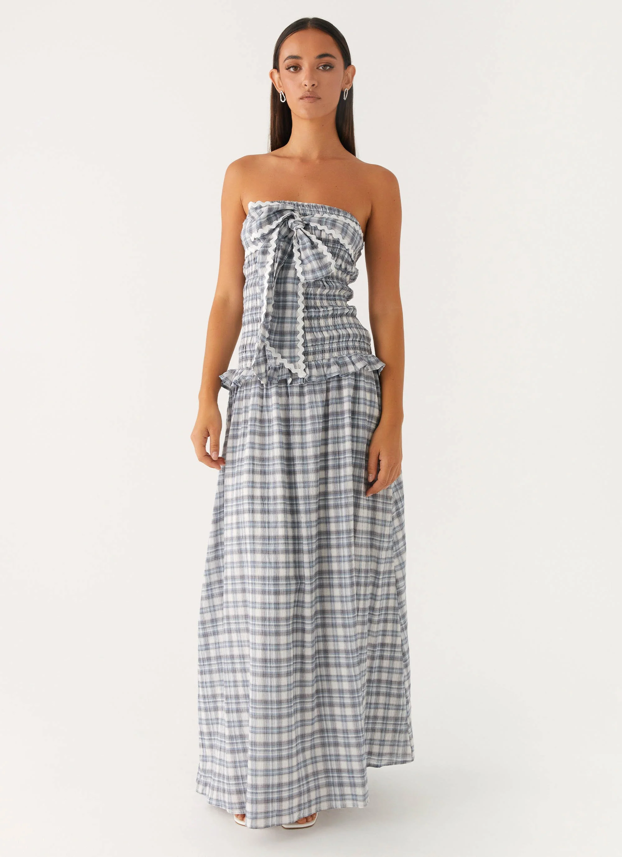 Malia Shirred Maxi Dress - Blue Grey Check - Image 2